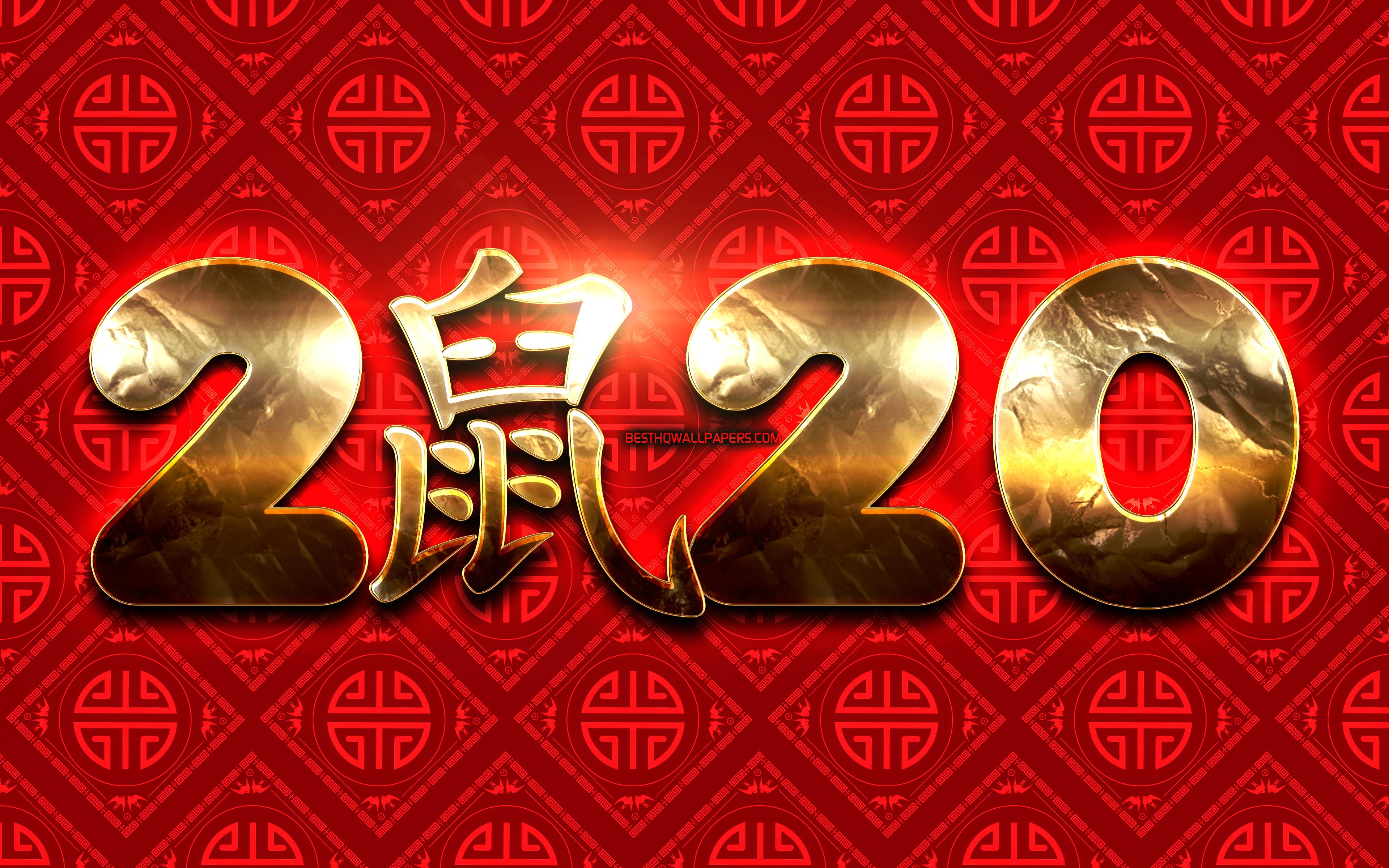 Download wallpaper 2020 golden digits, 4k, rat zodiac sign