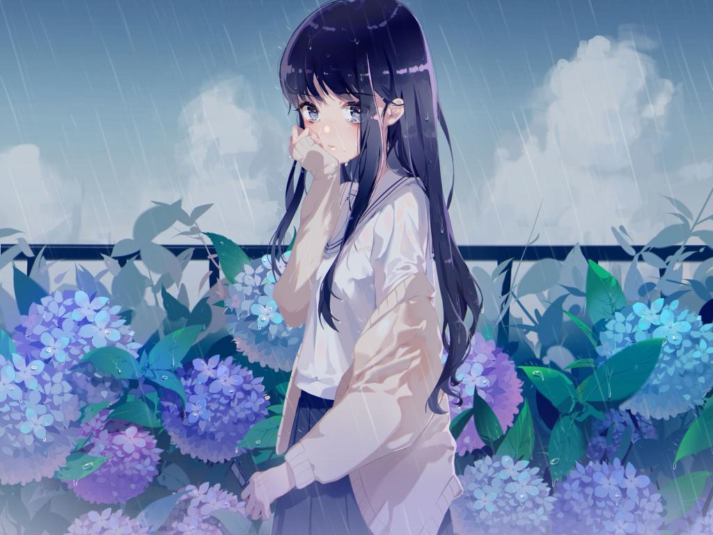 Free download Desktop Wallpaper Rain Cute Anime Girl Flowers