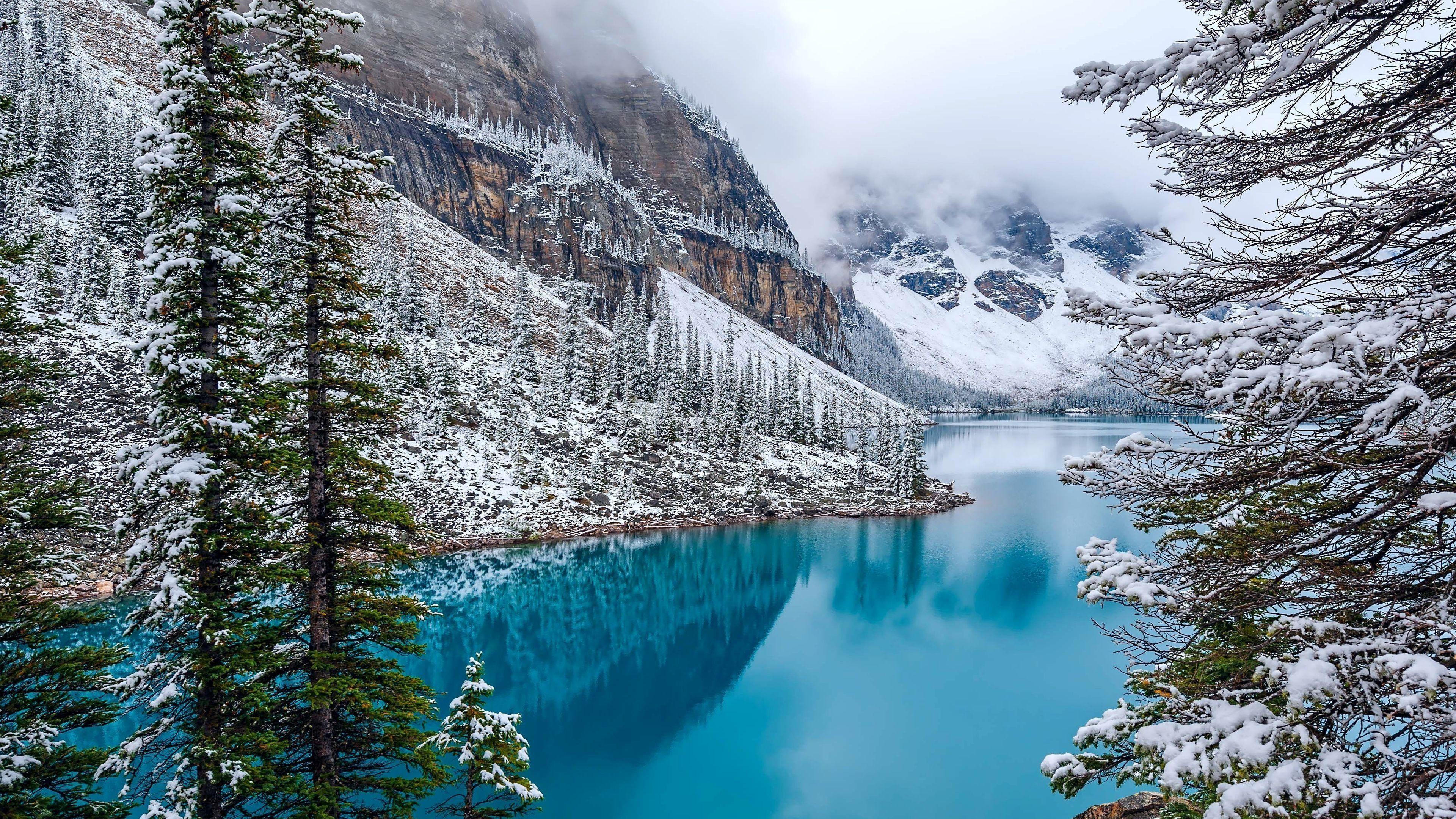 Moraine Lake, 4K, winter, mountains, Banff National Park, Alberta, Canada. Winter landscape, Winter lake, Winter wallpaper