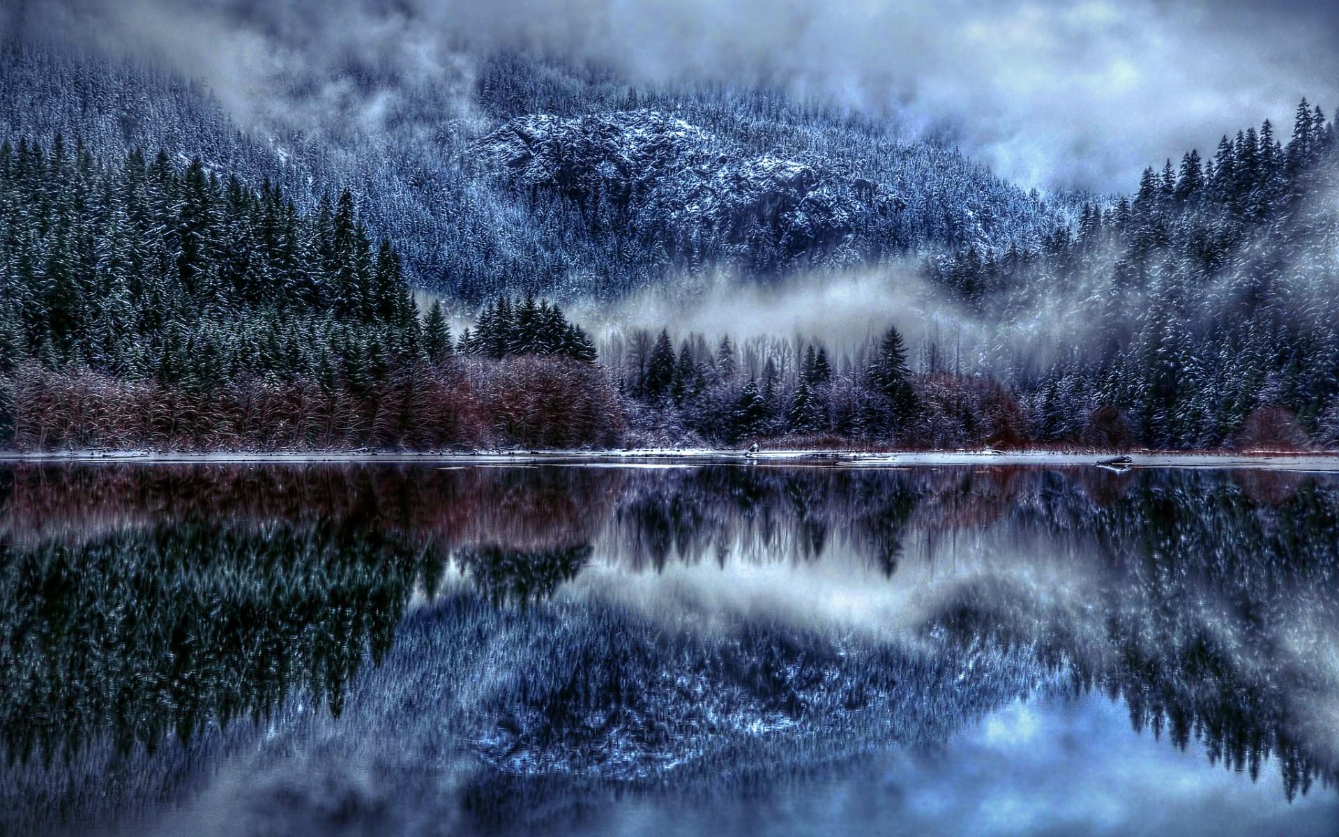 nature, Winter, Lake, Snow, Fog, Reflection, Clouds