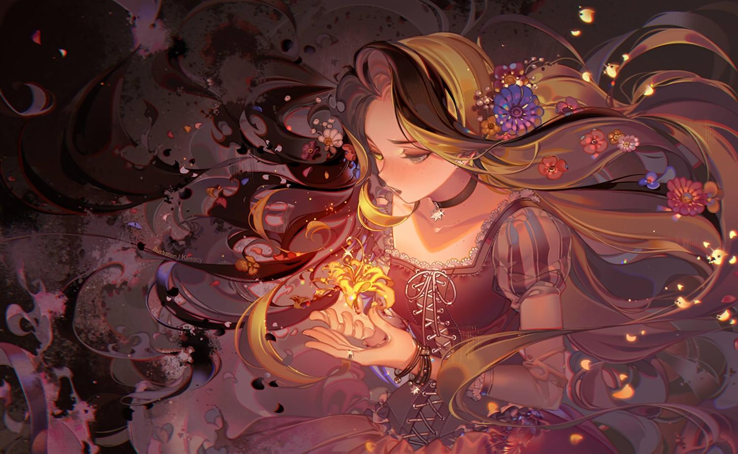 bicolored eyes blonde hair choker dress flowers kawacy long hair petals rapunzel (disney) tangled waifu2x watermark wristwear. konachan.com.com Anime Wallpaper