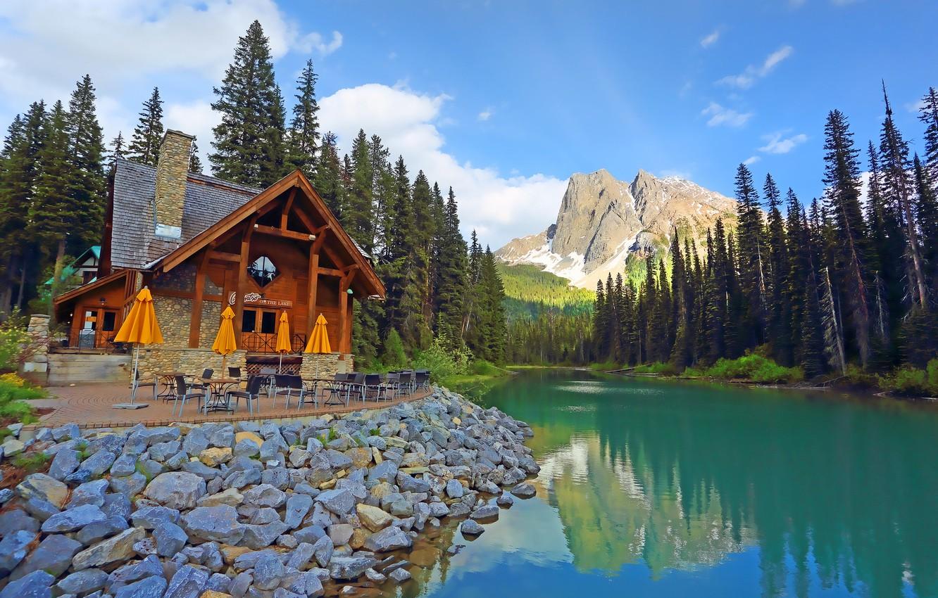 Wallpaper forest, trees, mountains, lake, Canada, restaurant