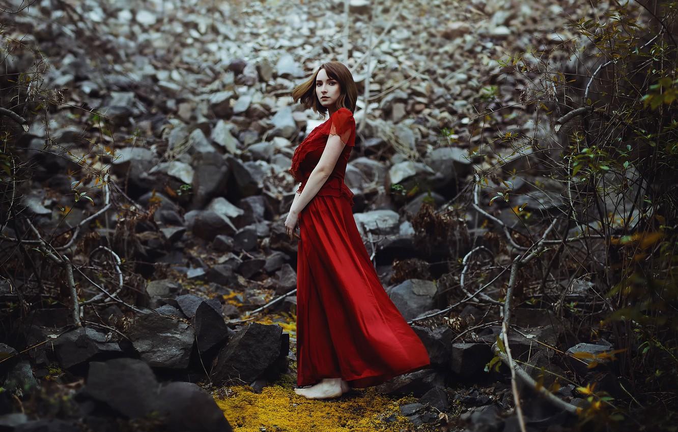 Wallpaper forest, girl, stones, dress, in red, Ronny Garcia