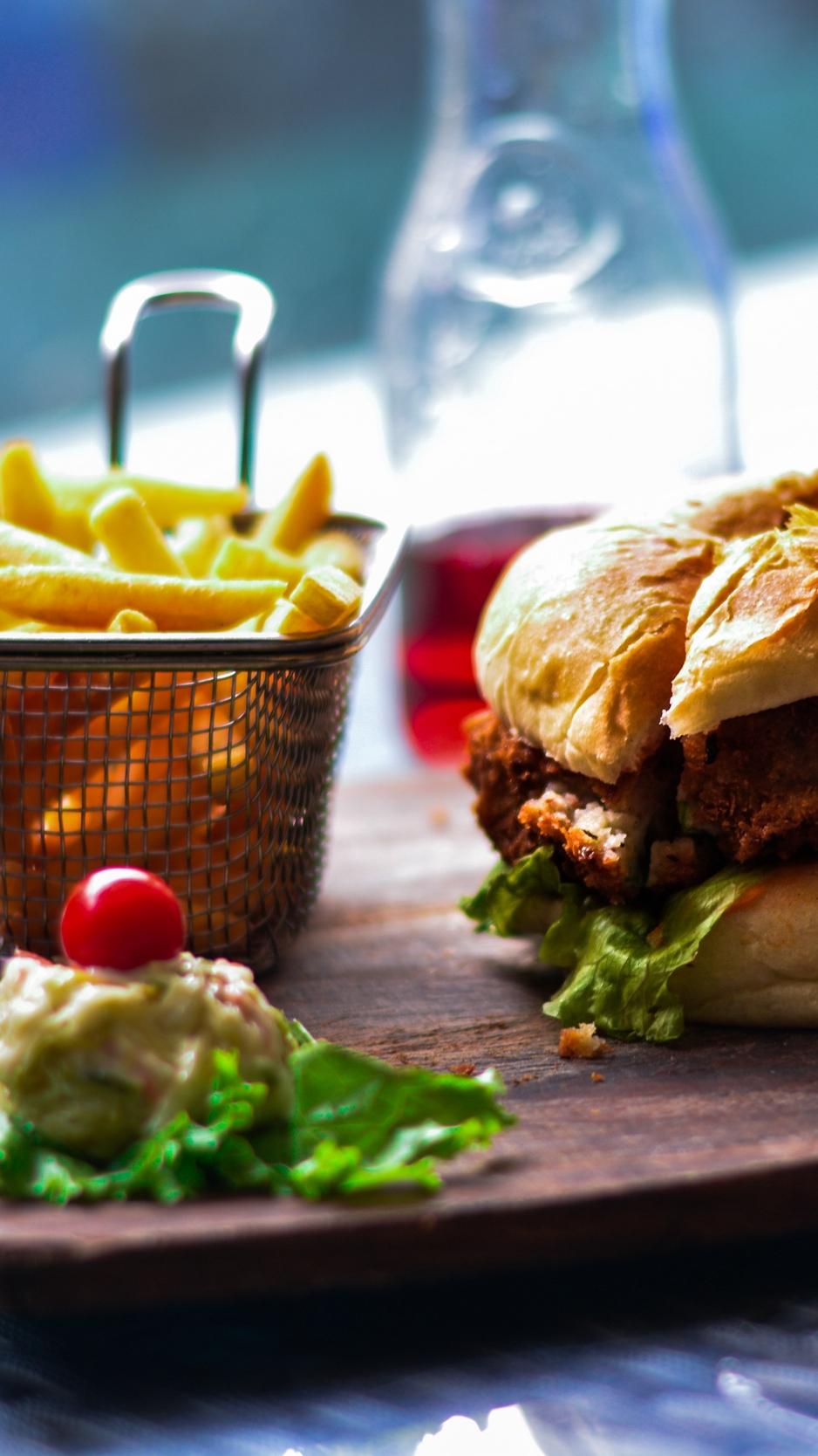 Download wallpaper 938x1668 french fries, burger, hamburger
