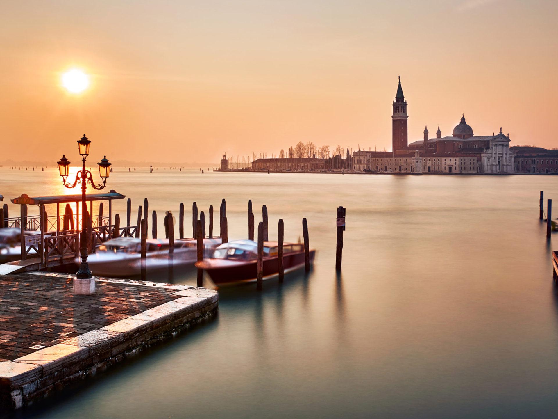 Venice Italy Piazza San Marco Sunset Orange Sky Sea Water