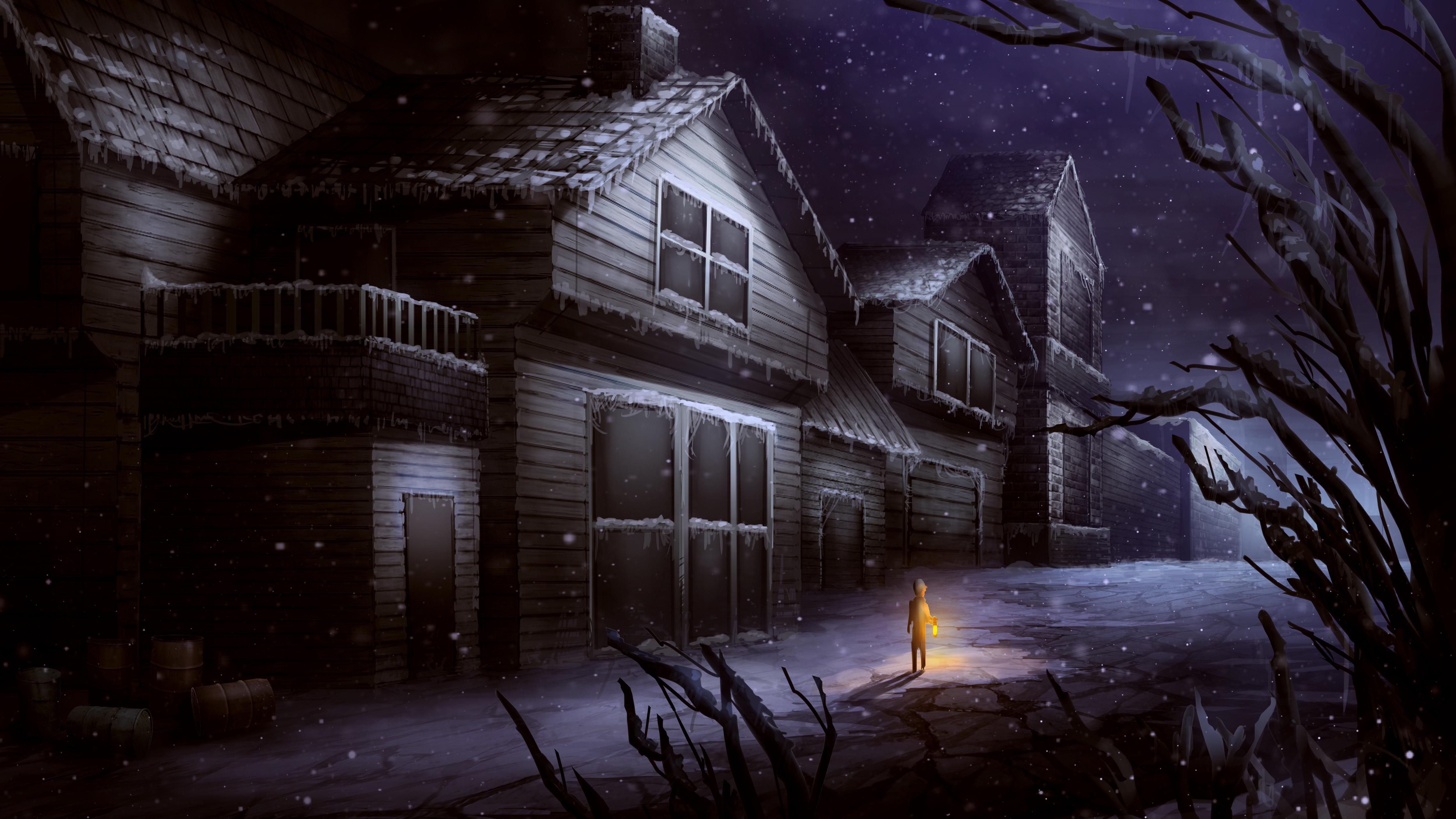 Little Boy Alone on Winter Night 4k Ultra HD Wallpaper