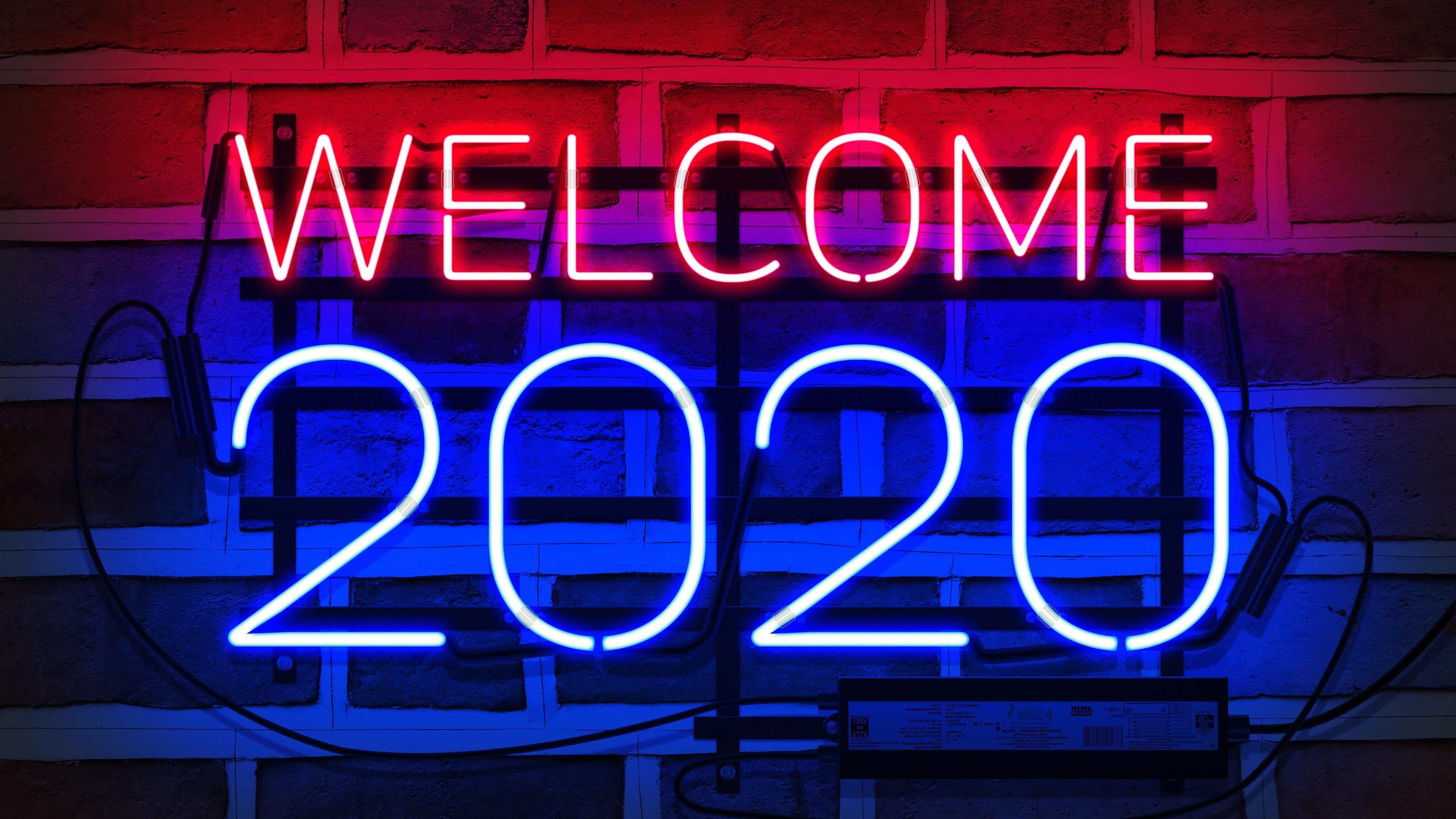 Welcome 2020 New Year Neon 4K Wallpaper. HD Wallpaper