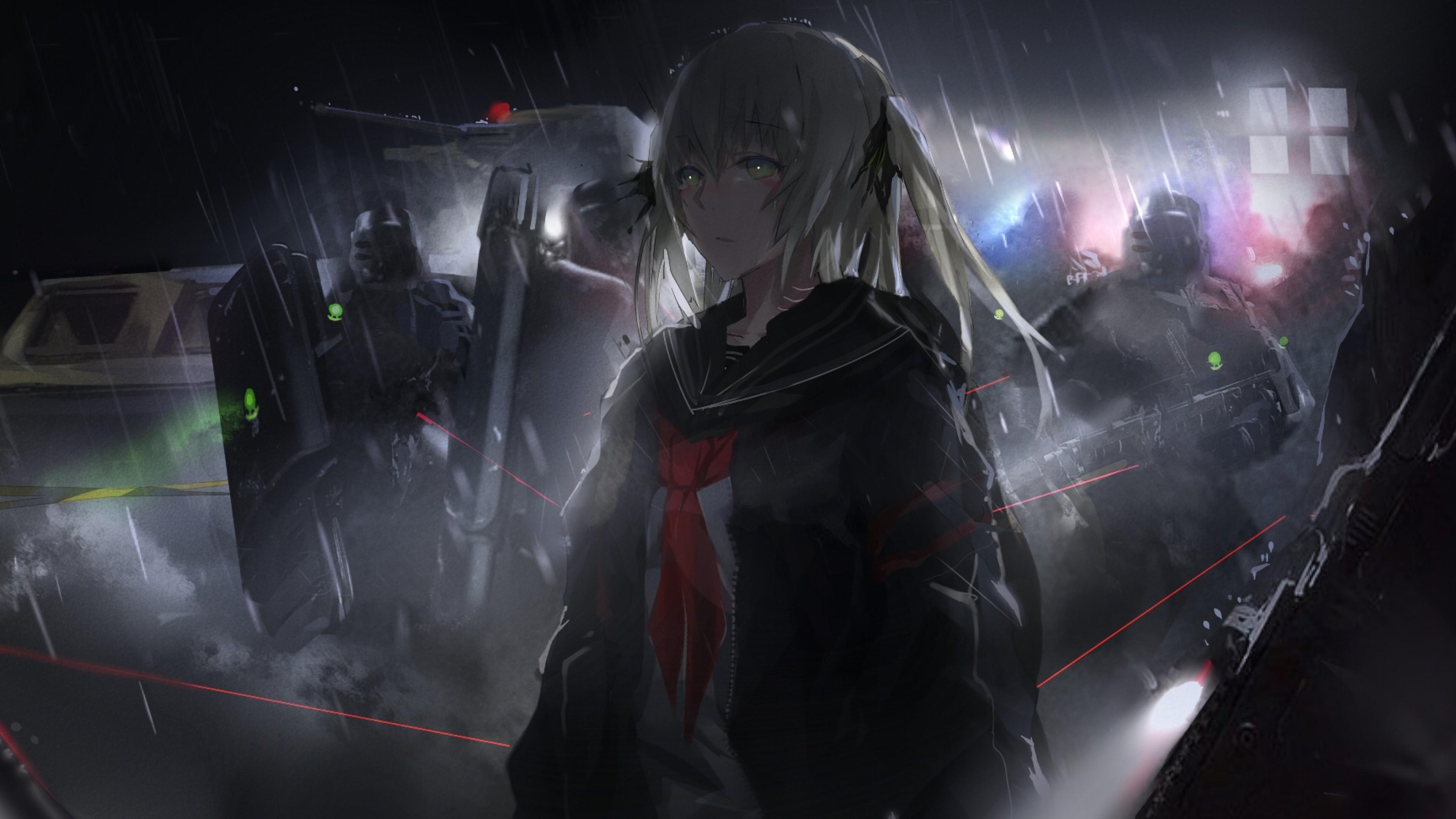 Anime Girl, Soldiers, Raining, Dark Theme, Guns
