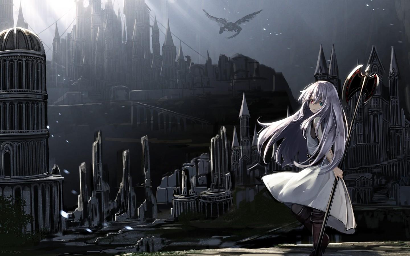 Download 1440x900 Anime Girl, Castle, Dark Theme, Bicolored