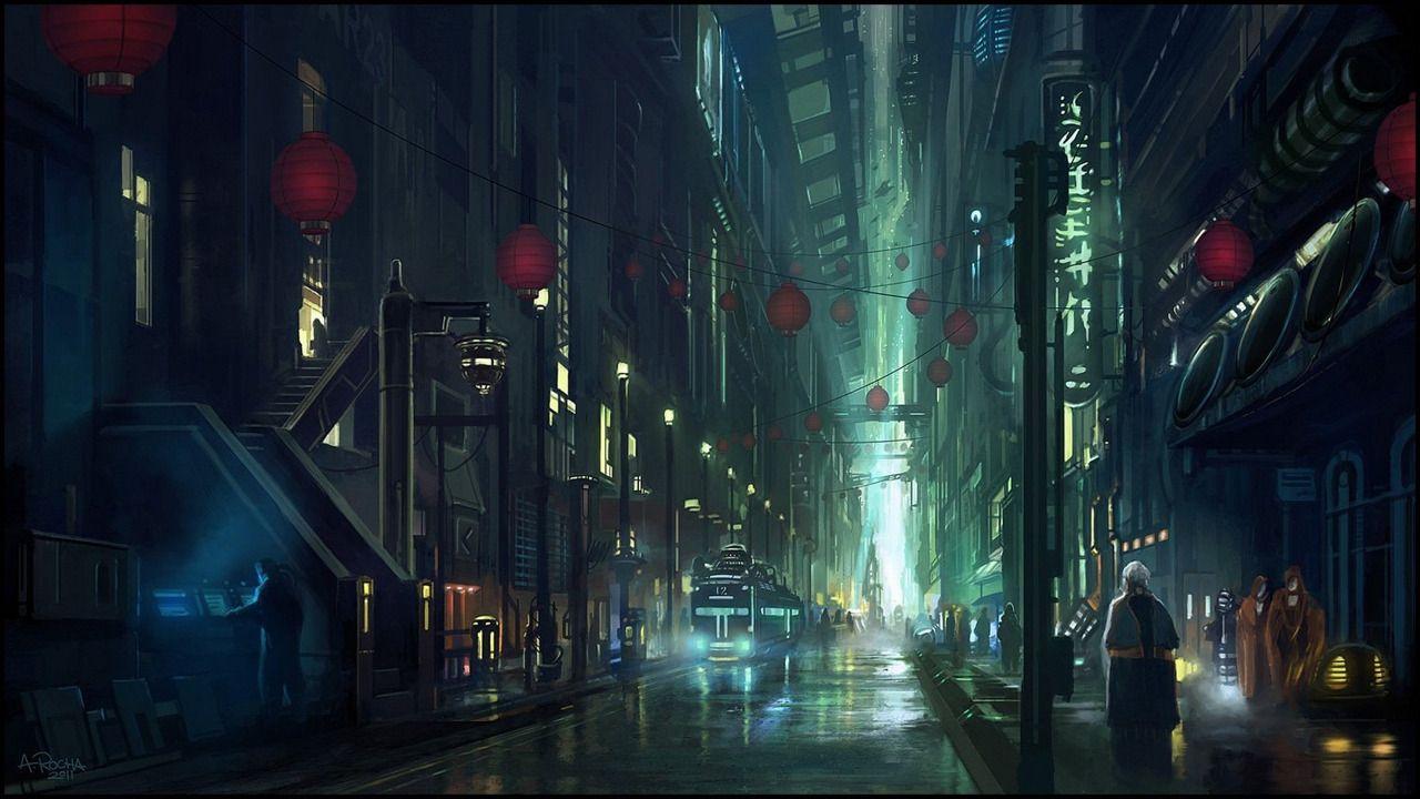 Anime futuristic dark city scenery wallpaper. Sci fi wallpaper