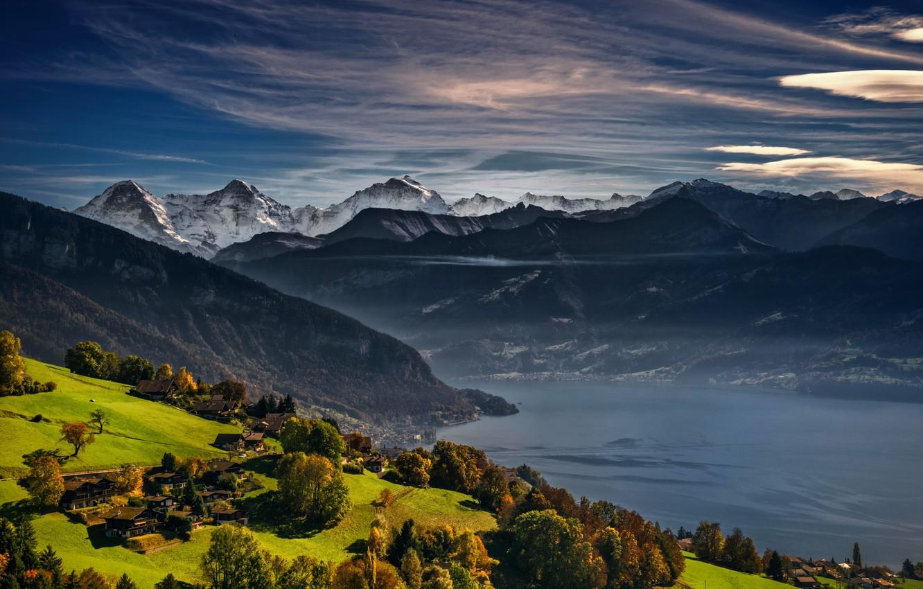 Wallpaper autumn, mountains, lake, Switzerland, Alps, Switzerland, Swiss Alps, Lake Thun, Lake Thun, Bernese Oberland, Thunersee image for desktop, section пейзажи