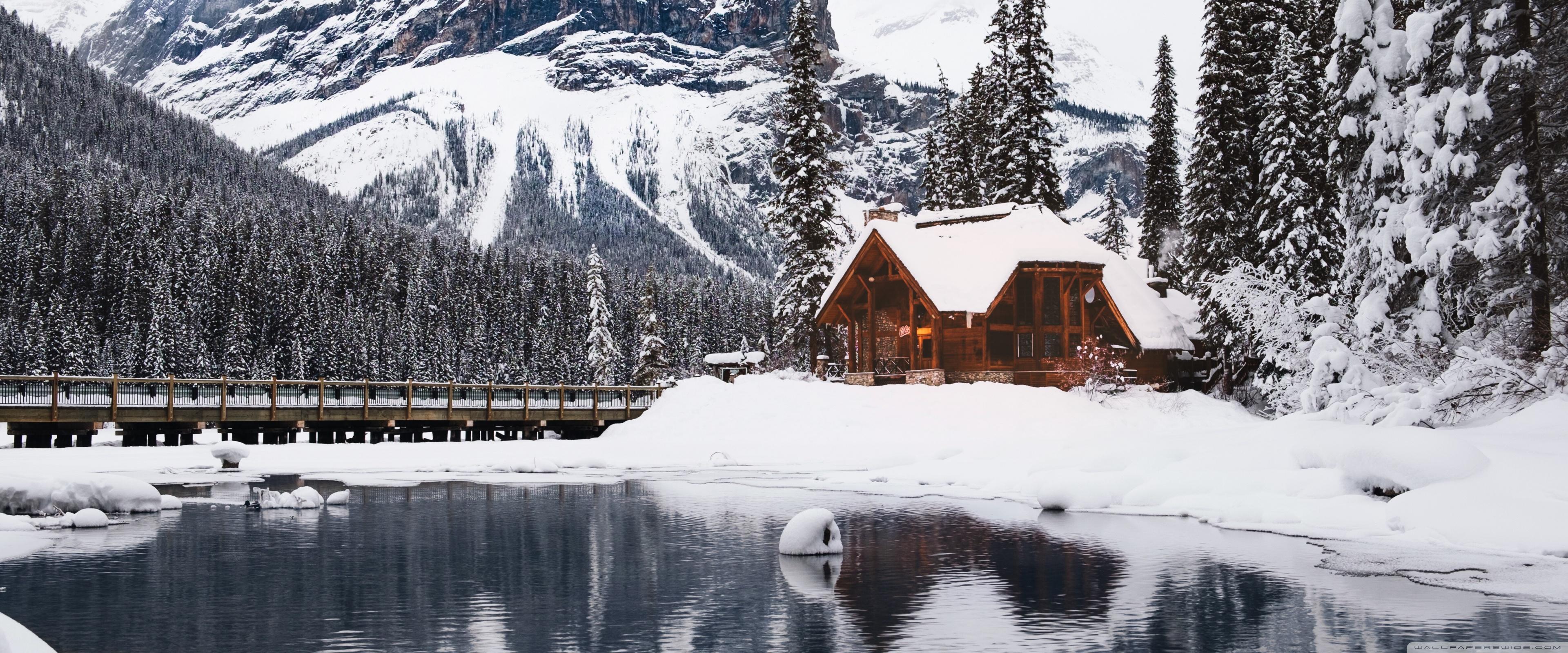 Rustic Cottage, Lake, Mountain, Winter, Snow Ultra HD Desktop Background Wallpaper for 4K UHD TV, Widescreen & UltraWide Desktop & Laptop, Tablet