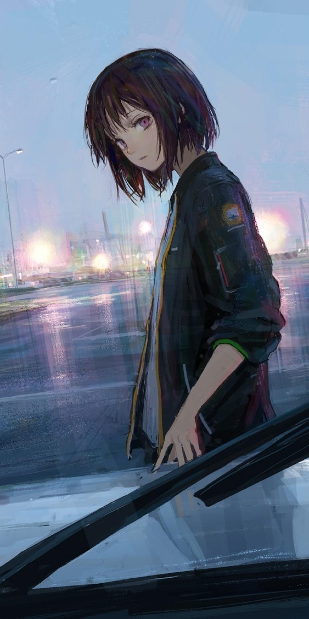 Download 1080x2160 Anime Girl, Cars, Painting, Road, Lights