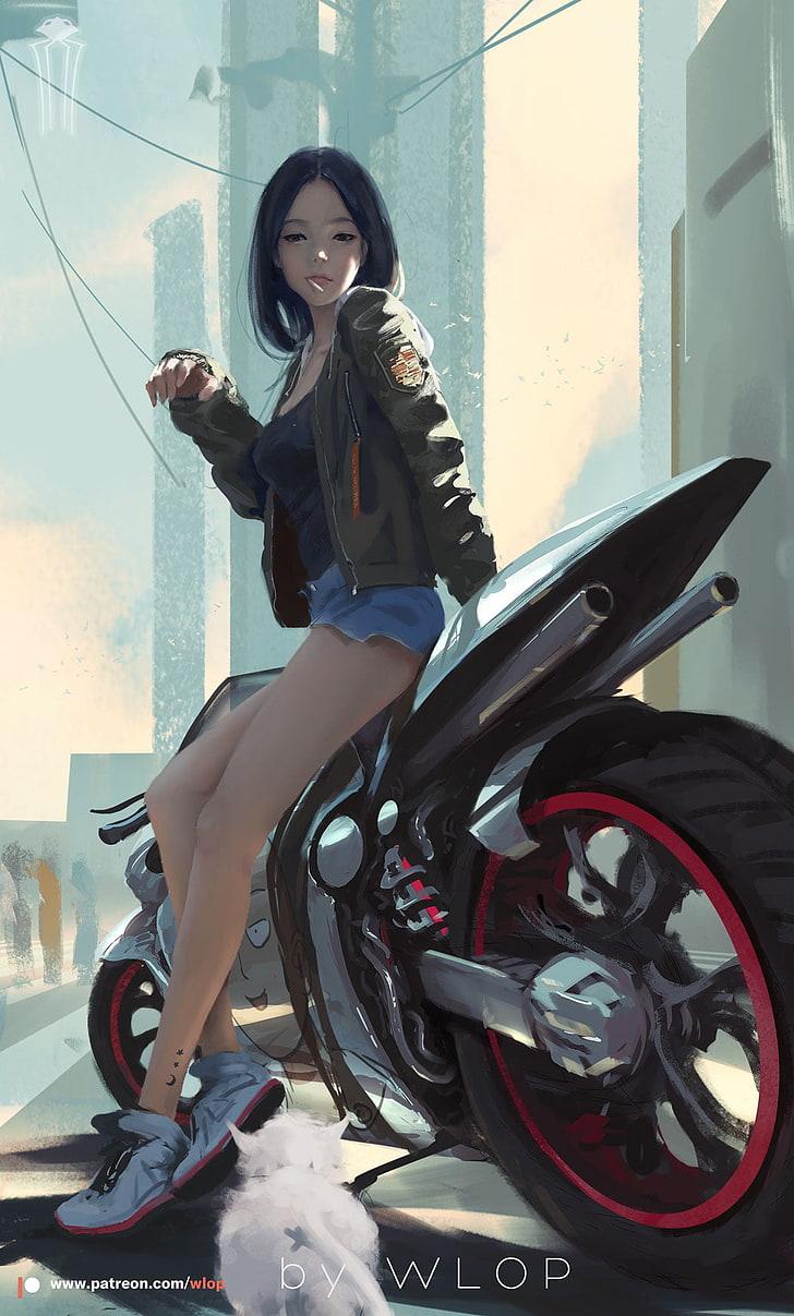 HD wallpaper: woman sitting on sports bike illustration, WLOP, anime girls