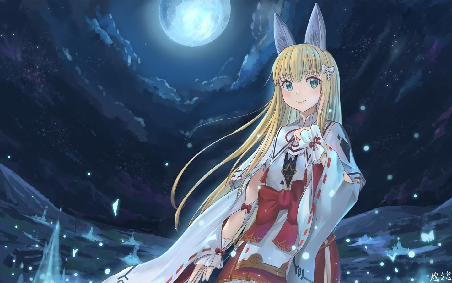 Download 1440x900 Anime Fox Girl, Moonlight, Animal Ears