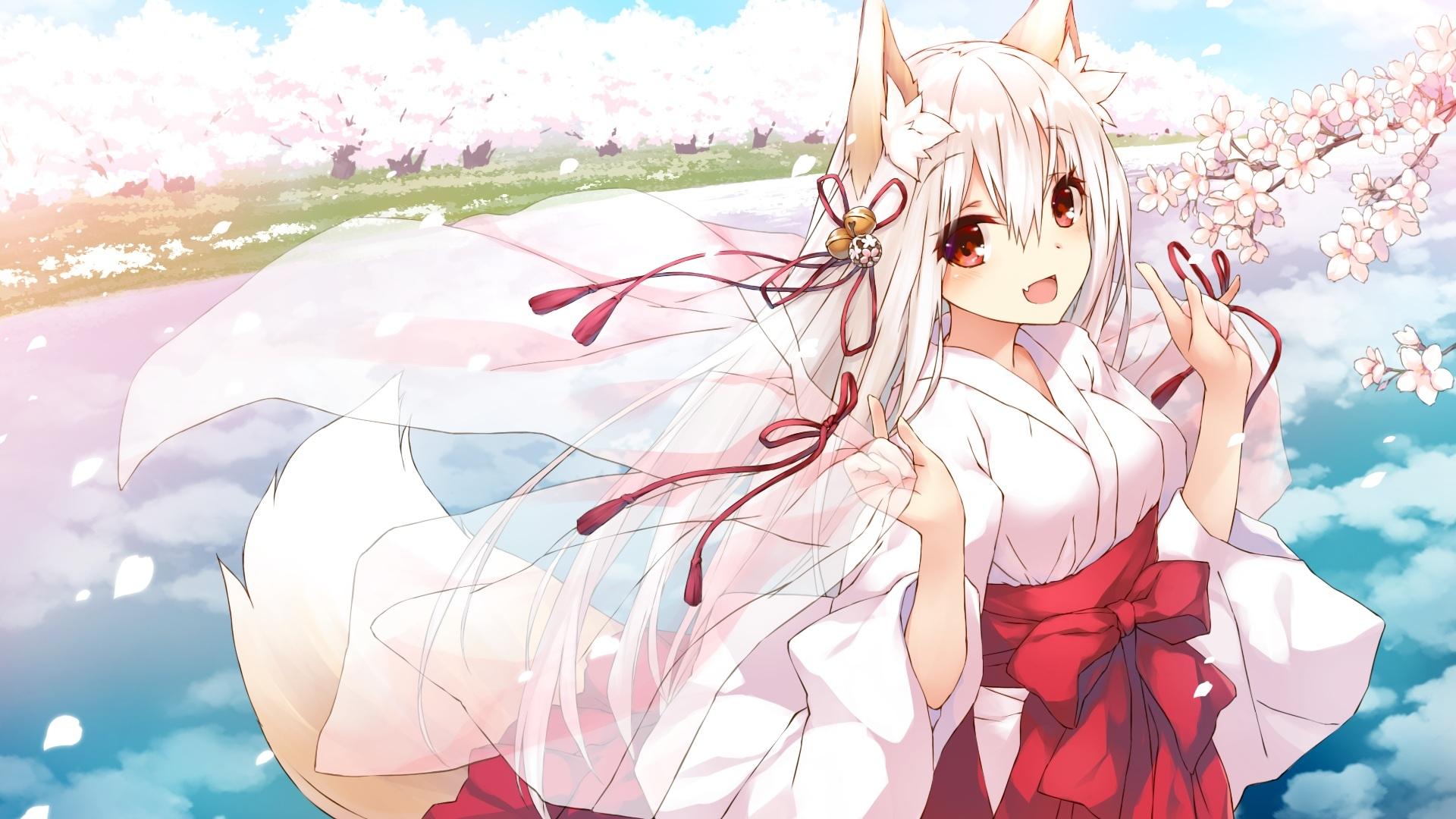 Download 1920x1080 Anime Fox Girl, Miko, Cute, Cherry