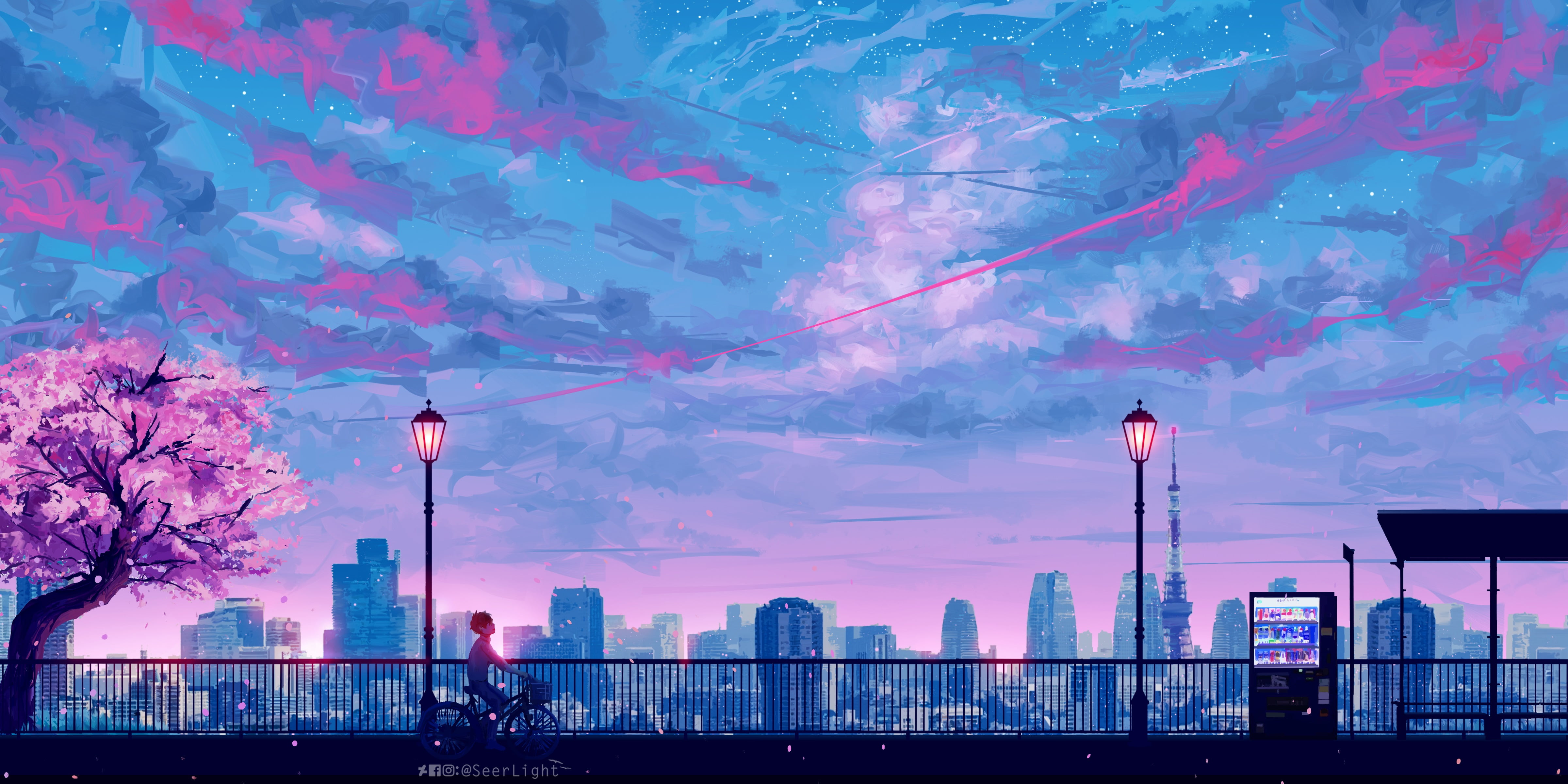 Blue and pink sky painting, illustration, city, anime, painting HD wallpaper