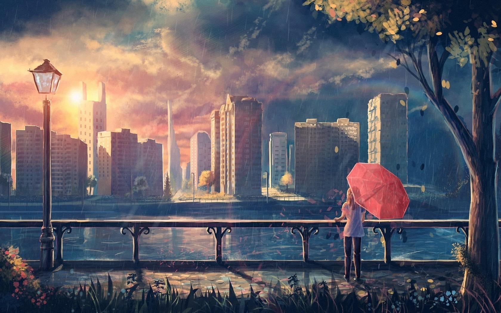 Download 1680x1050 Anime Landscape, Raining, River, Painting
