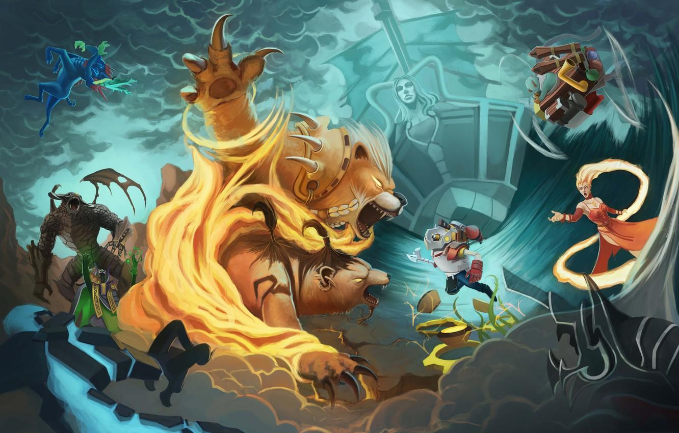 Wallpaper Dota 2, Lina, Rubick, Roshan, Leshrac, Gyrocopter