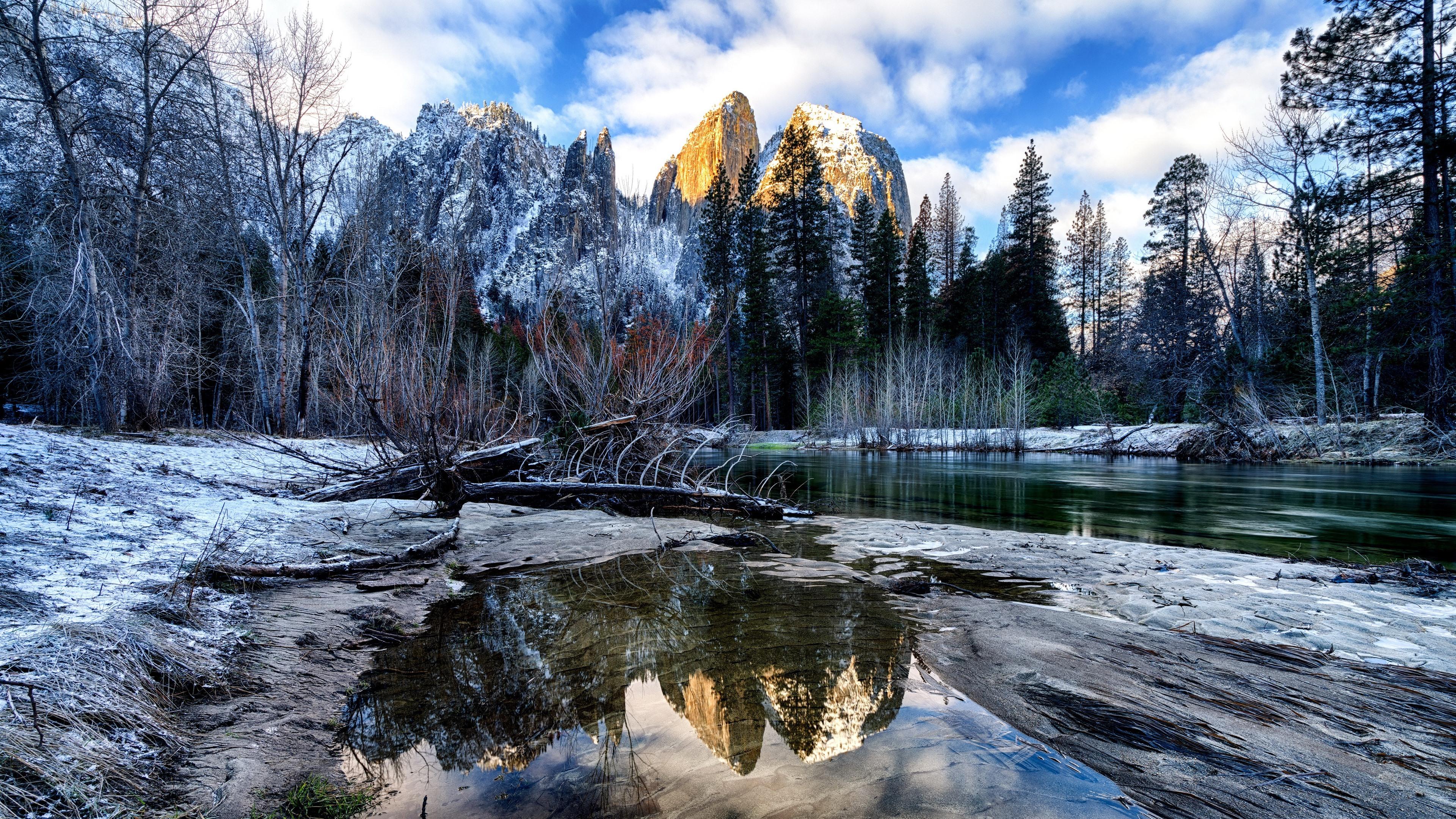 Wallpaper Winter, river, trees, mountains, snow, Yosemite National Park, USA 3840x2160 UHD 4K Picture, Image