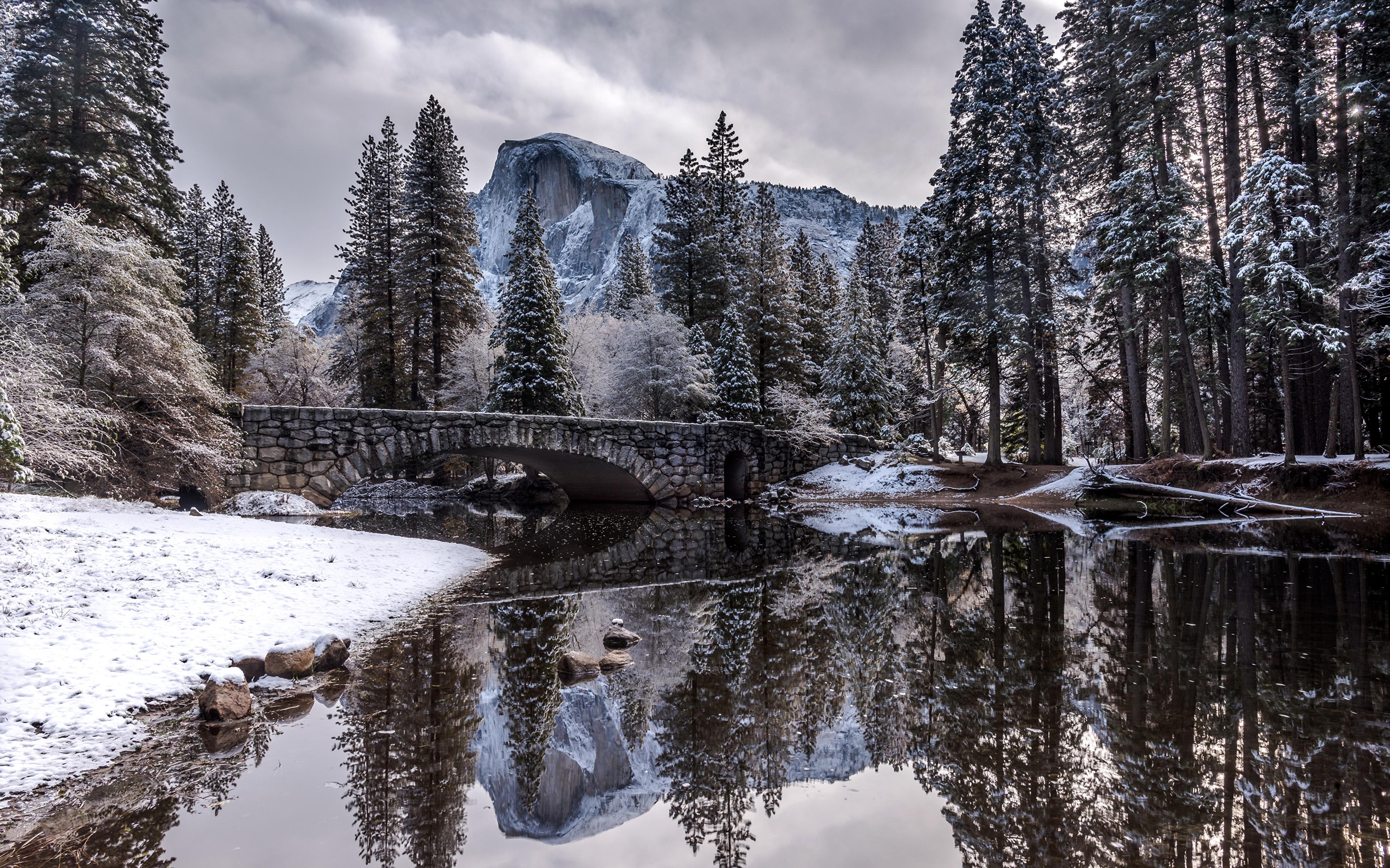 Picture Yosemite USA Nature Winter Bridges mountain Snow