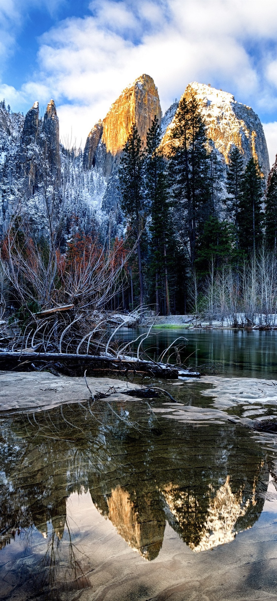 Winter, river, trees, mountains, snow, Yosemite National