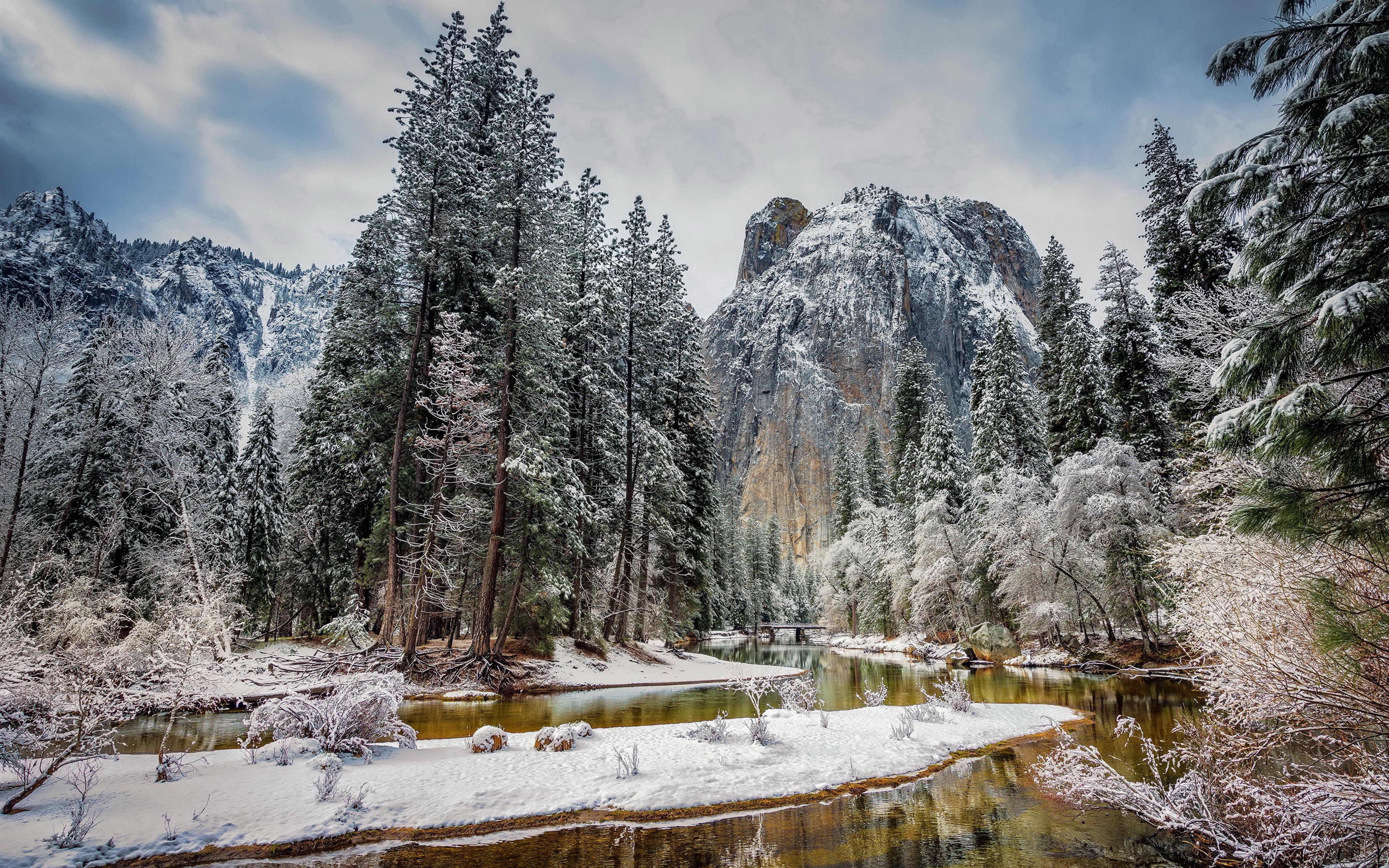 Photo Yosemite USA Winter Nature Mountains Parks river 3840x2400