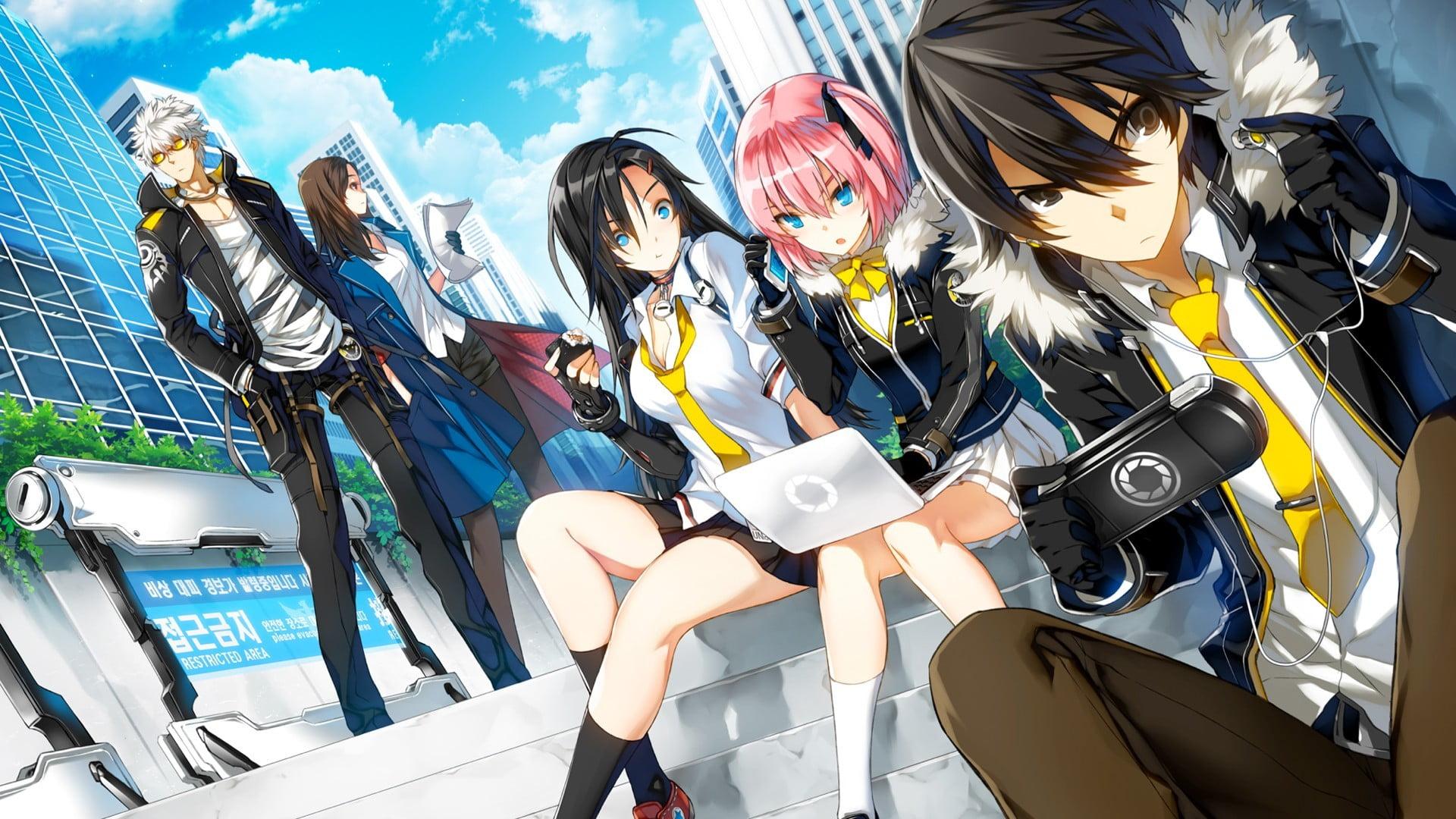 Group of anime characters sitting on stairs HD wallpaper