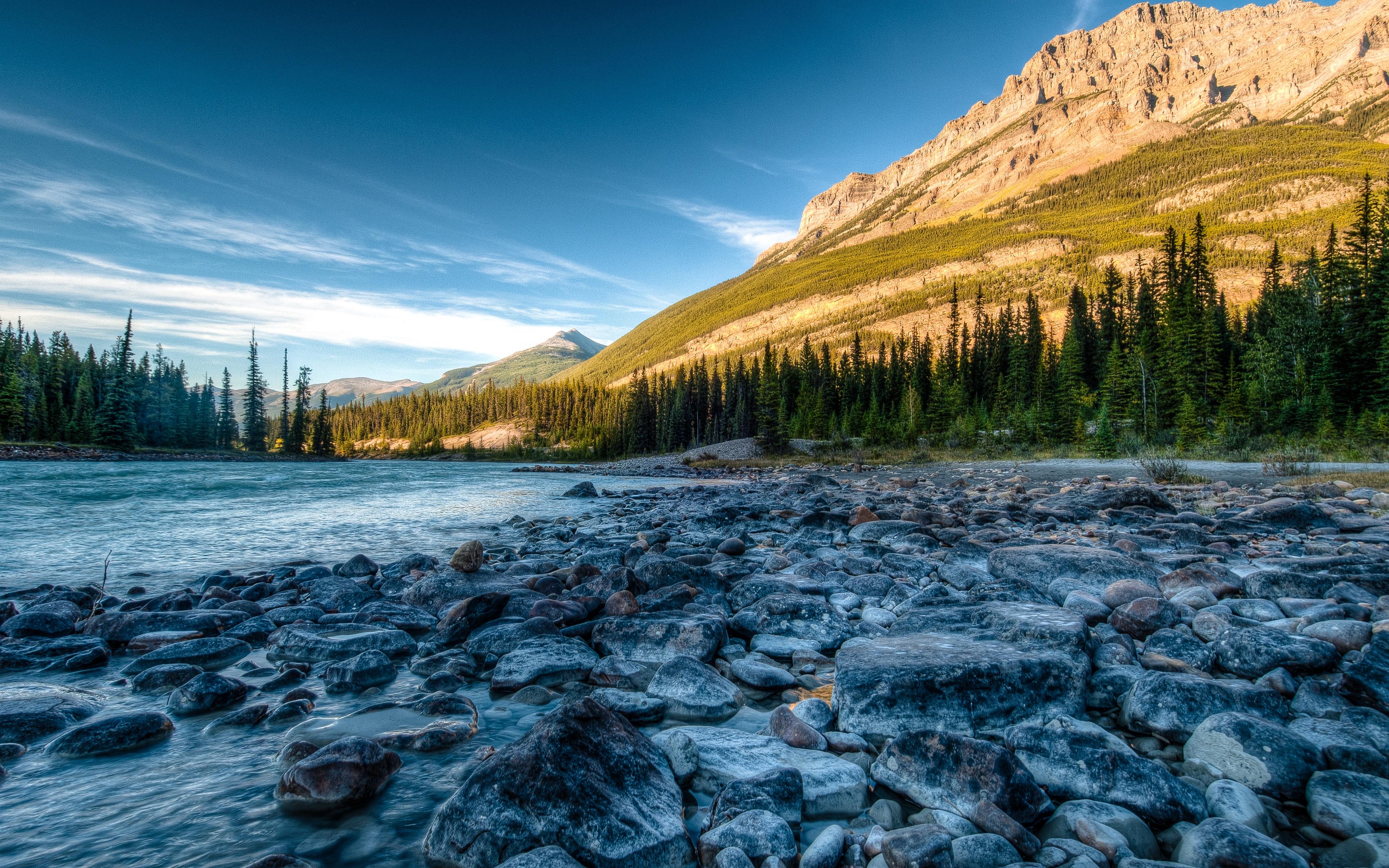 Download wallpaper 3840x2400 rocky mountains, river, stones