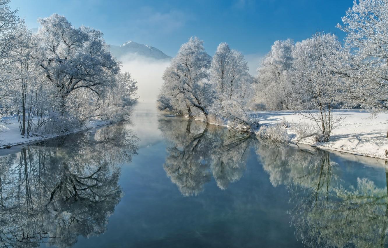 Wallpaper winter, frost, trees, reflection, river, Germany
