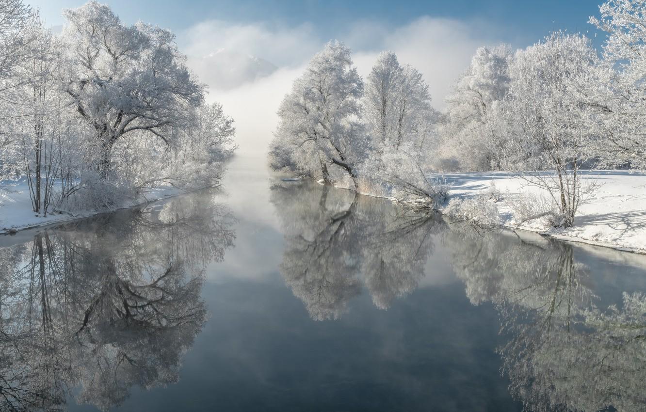 Wallpaper winter, frost, trees, reflection, river, Germany