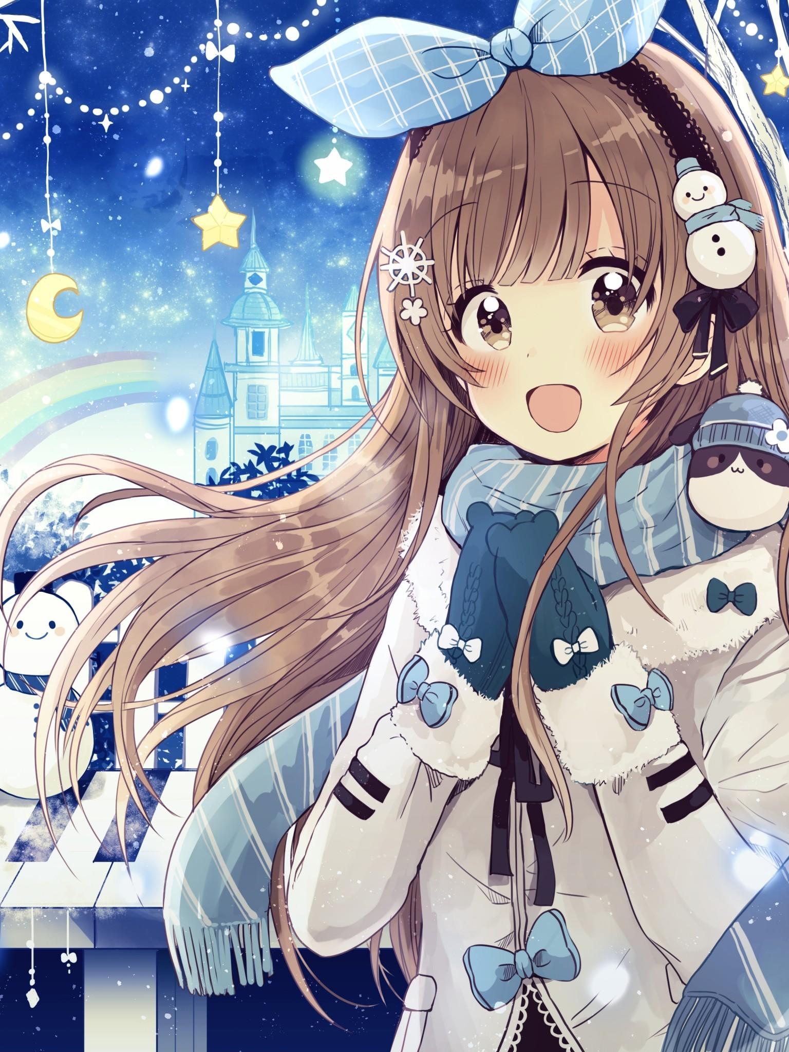 Download 1536x2048 Anime Girl, Winter, Smiling, Brown Hair, Sweater Wallpaper for Apple iPad Mini, Apple IPad 4