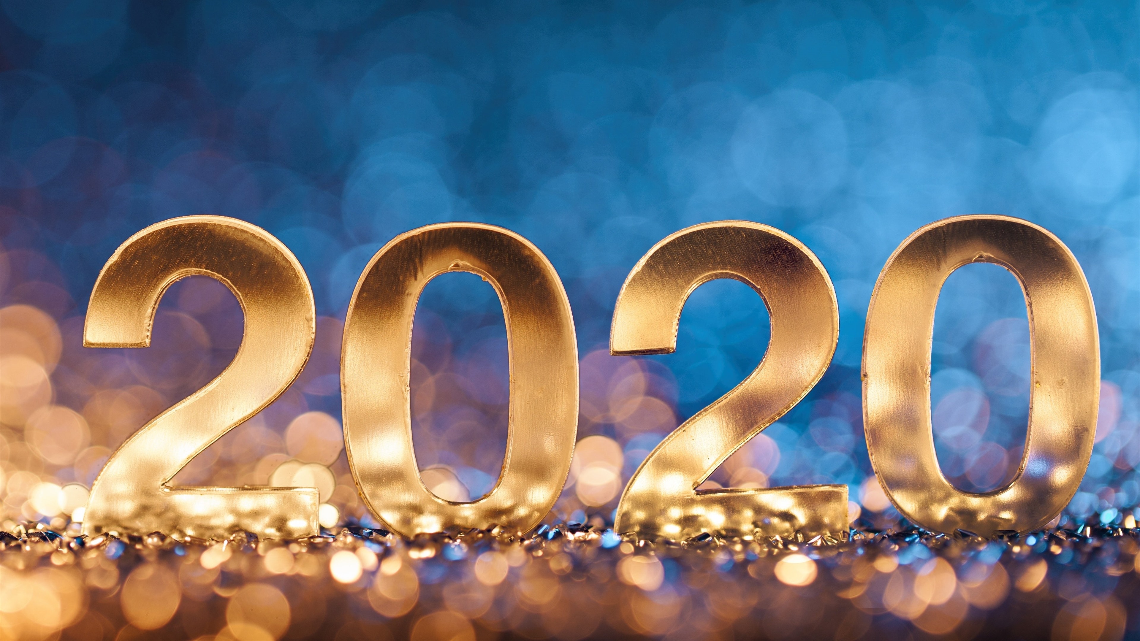 Wallpaper Happy New Year 2020, golden numeric, light circles