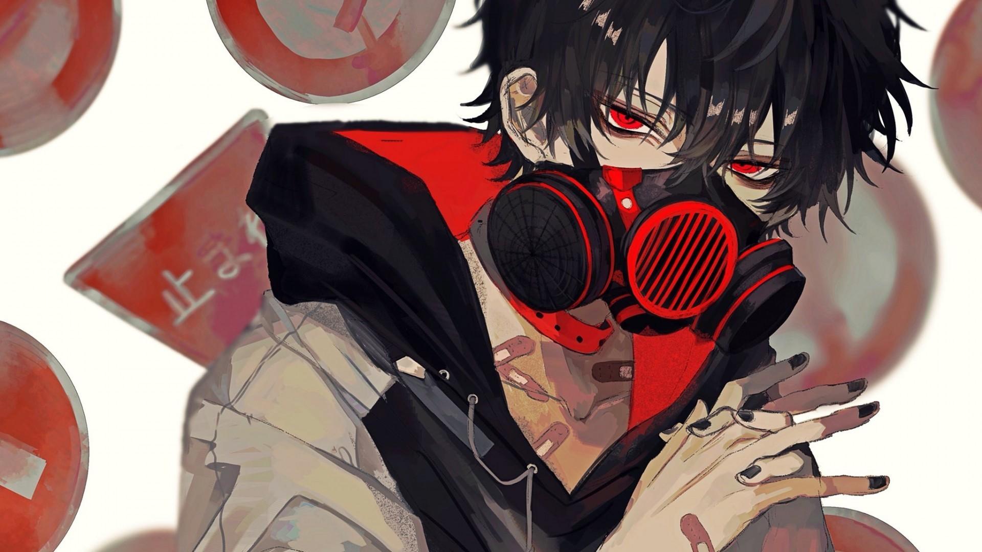 Download 1920x1080 Anime Boy, Gas Mask, Red Eyes, Black Hair, Hoodie Wallpaper for Widescreen