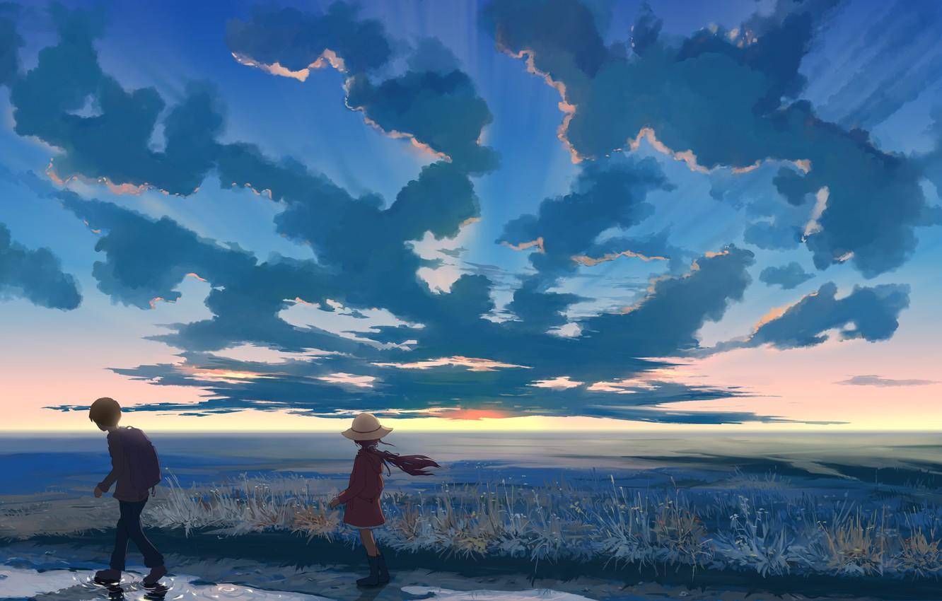 Wallpaper the sky, clouds, sunset, nature, hat, anime, boy, art