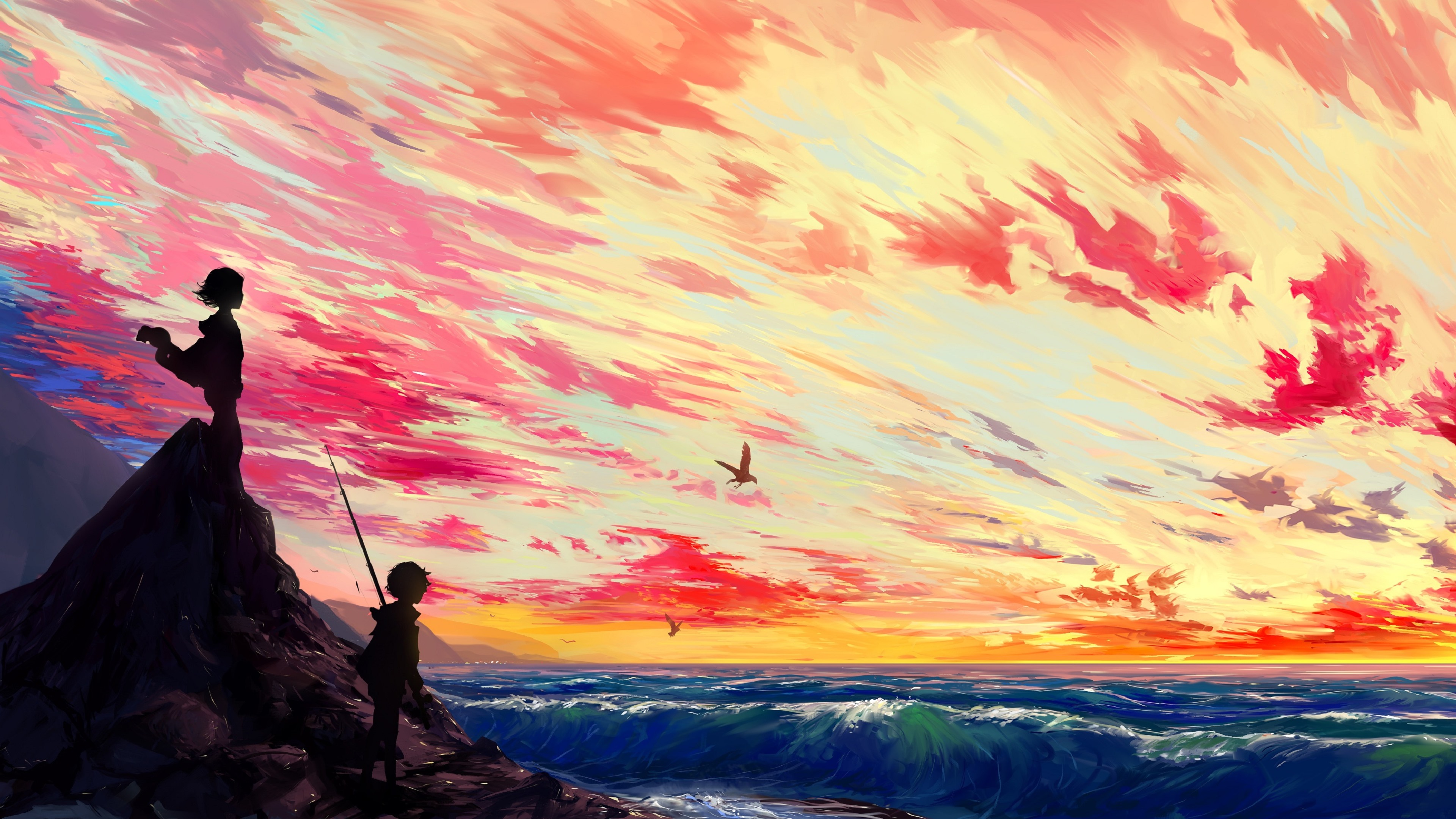 Wallpaper Beautiful anime picture, girl and boy, sea, clouds