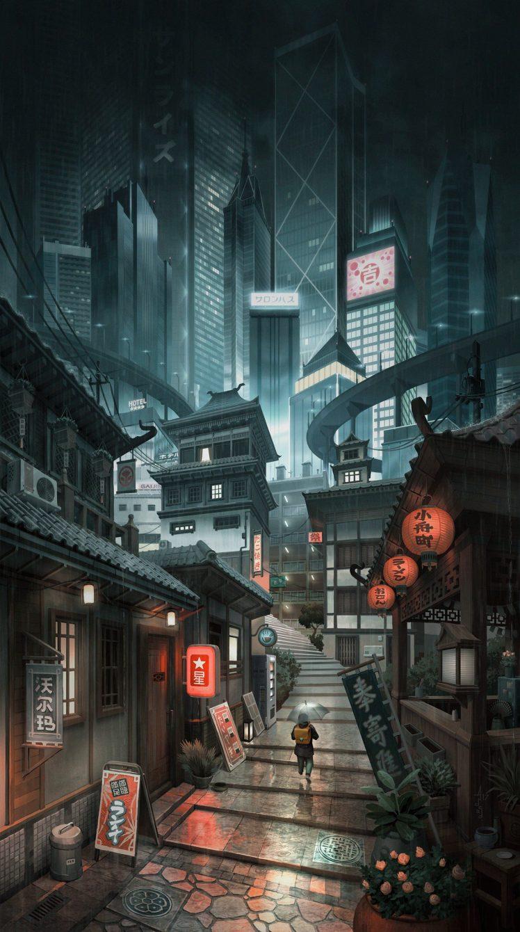 cityscape, Artwork, Skyscraper, Digital art, Alleyway, City, Japan Wallpaper HD / Desktop and Mobile Background