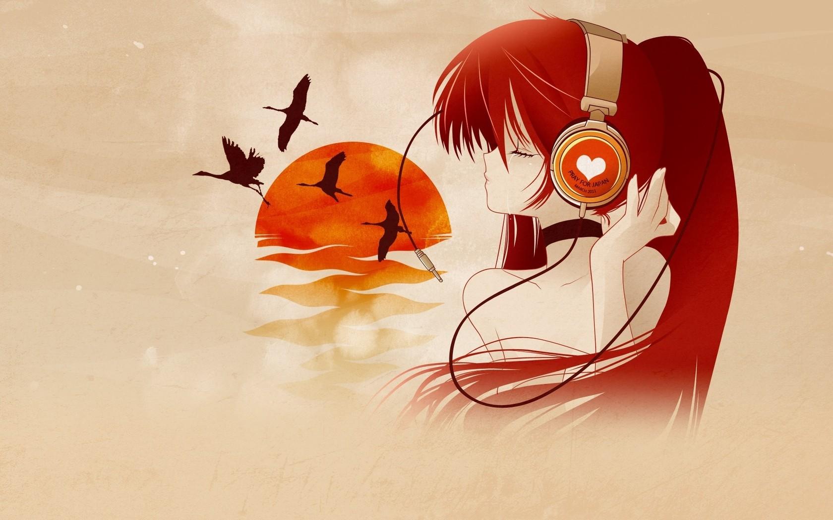 Anime Red Hair Girl With Headphones wallpaper