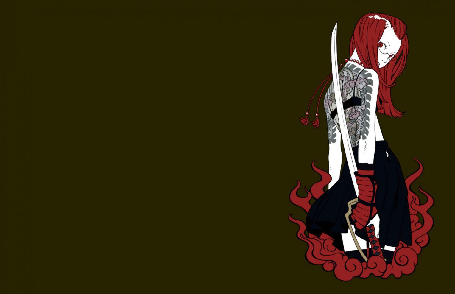 Anime Girls Red Hair Katana Wallpaper