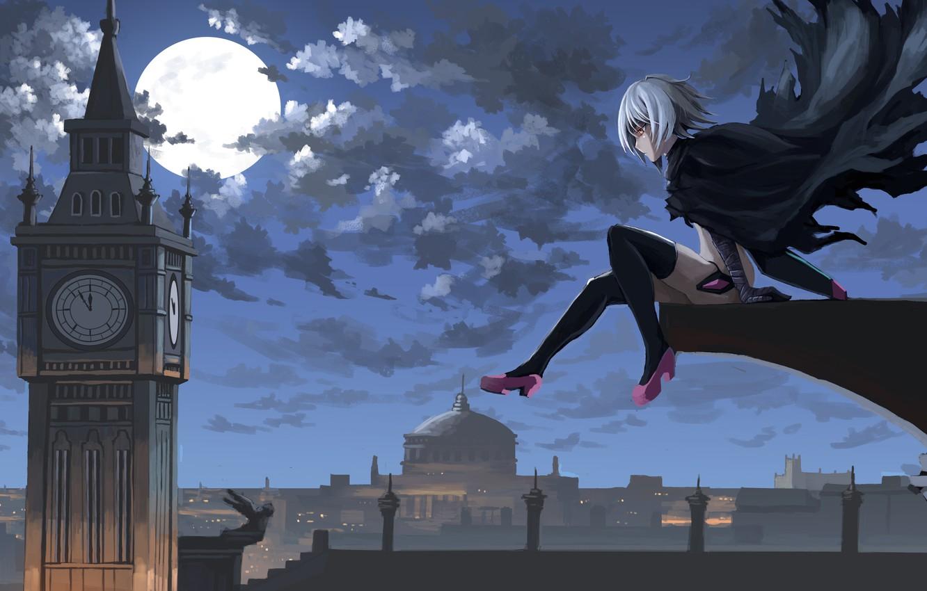 Wallpaper Girl, Moon, Sky, Anime, Night, Clouds, London, Big Ben, Artwork, Jack The Ripper, Cape, Anime Girl, Fate Apocrypha, Fate Series, Assassin Of Black Image For Desktop, Section сёнэн