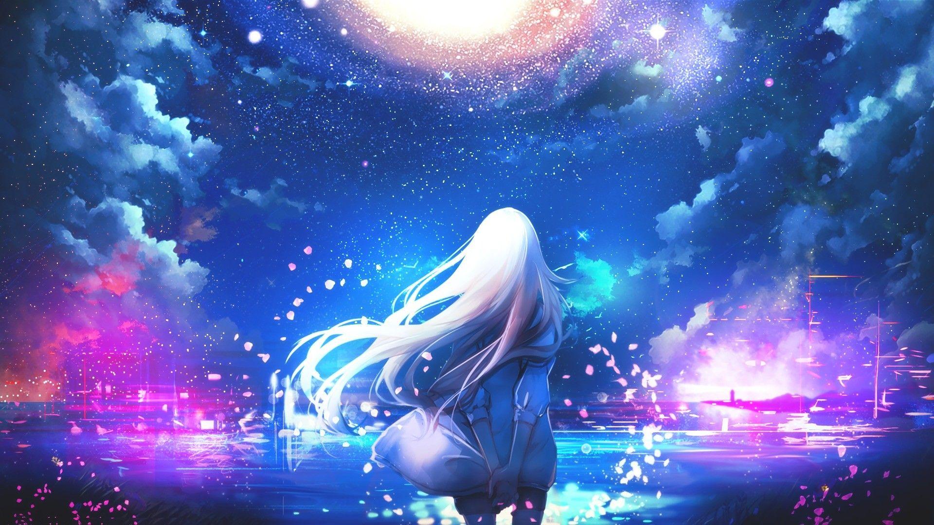 Anime, white hair, anime girls, night sky, stars, colorful