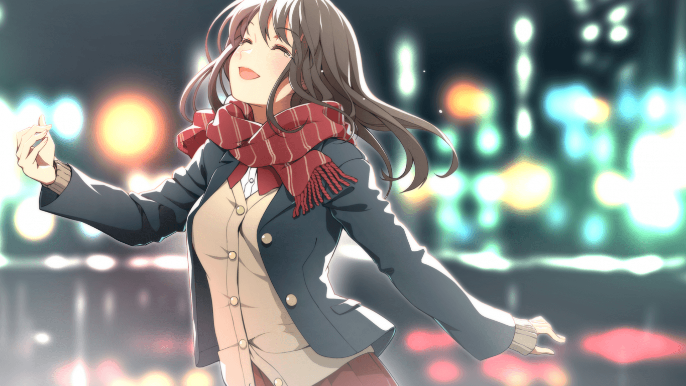 Download 1366x768 Anime Girl, Happy Tears, Scarf, Bokeh