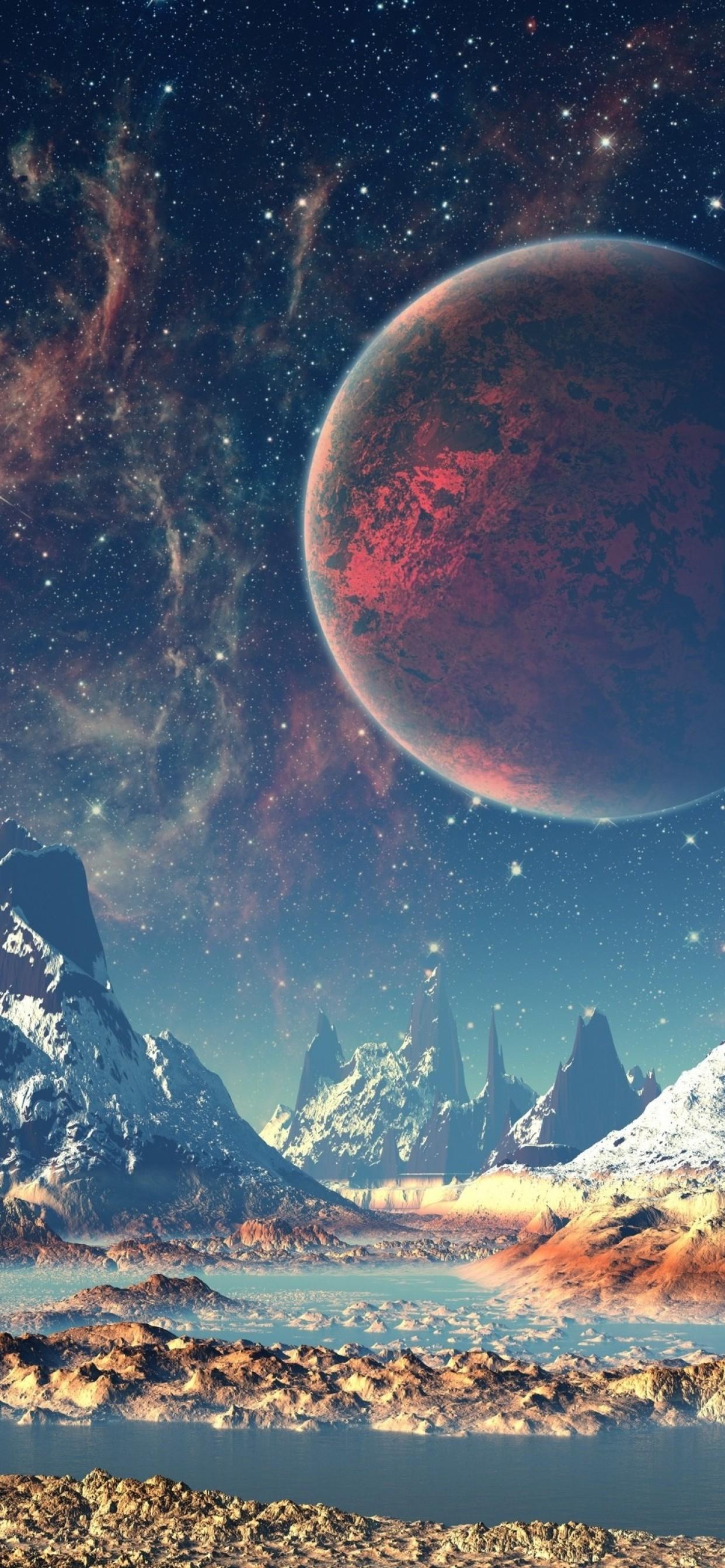 Mountains Stars Space Planets Digital Art Artwork