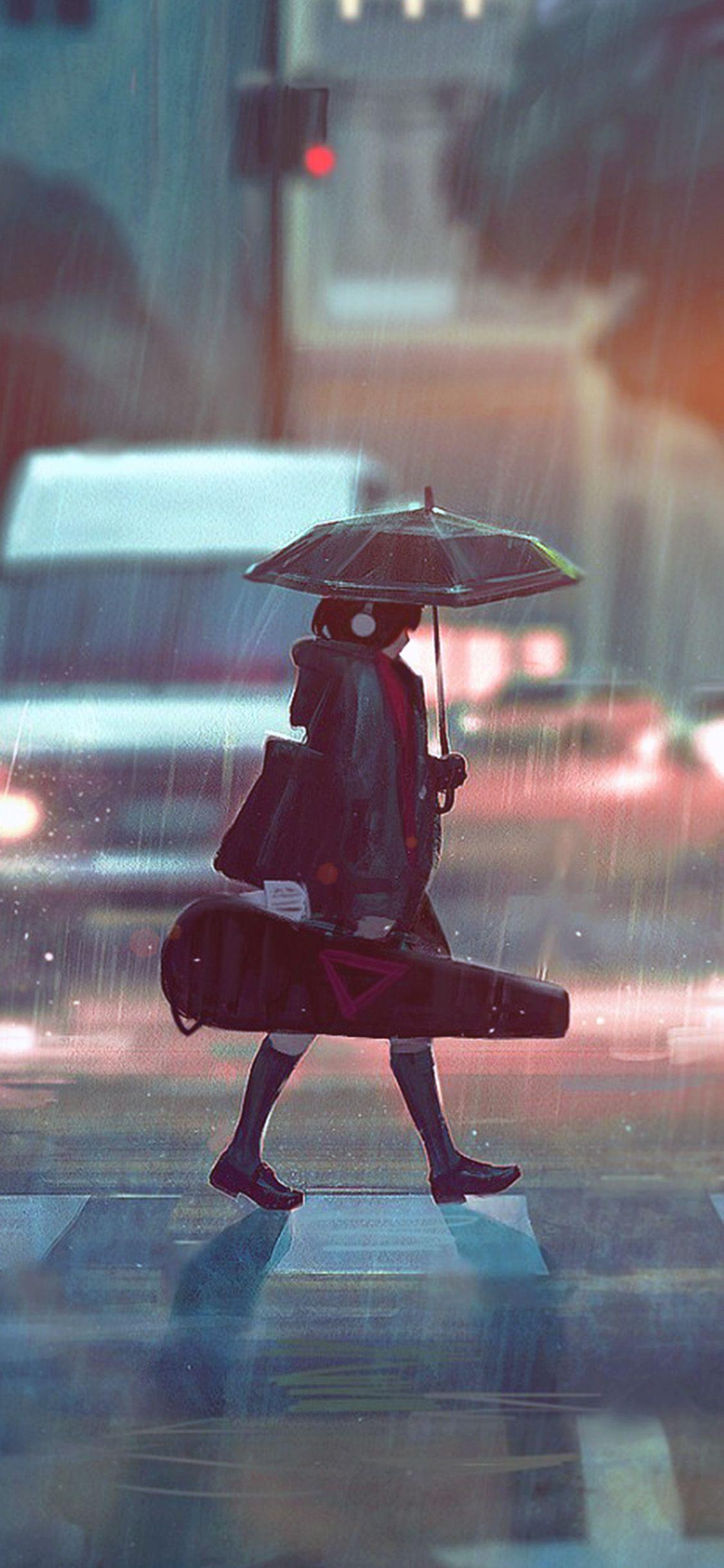 A drawing of a girl walking across the street on a rainy day looks