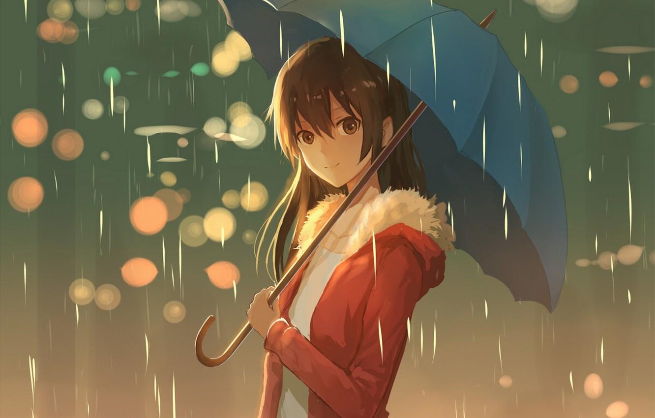 Wallpaper girl, smile, rain, umbrella, anime, art, lan thu