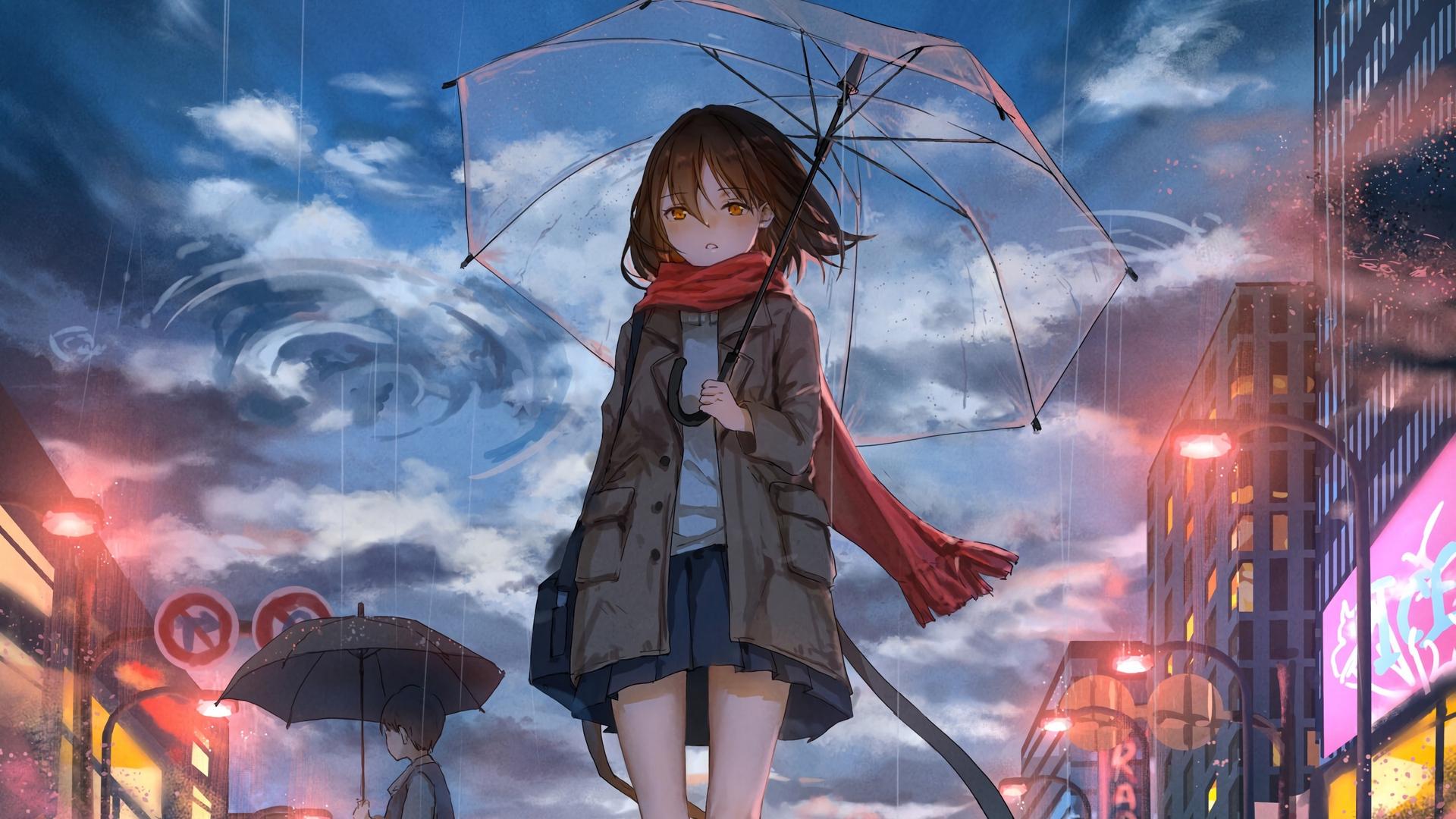 Download wallpaper 1920x1080 girl, umbrella, anime, rain, sadness