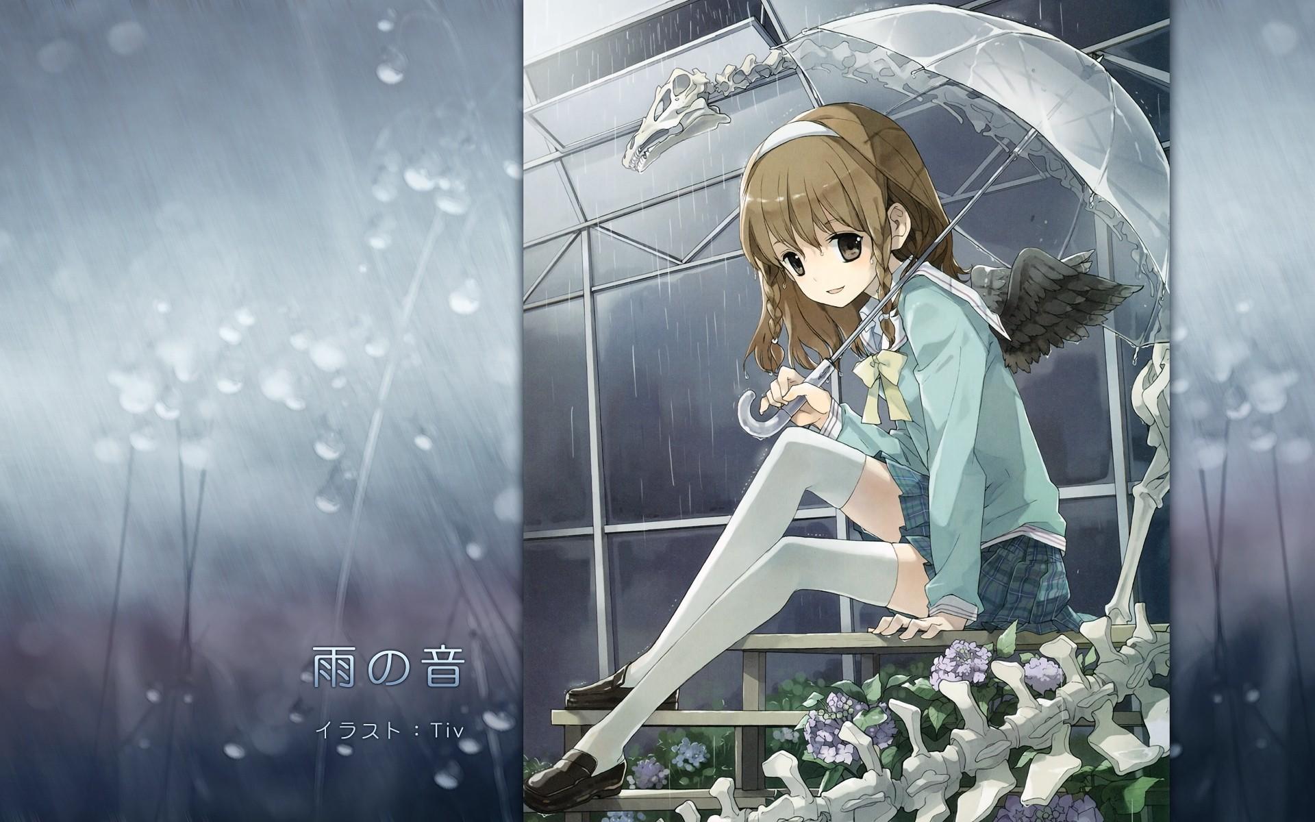 anime anime girls umbrella rain brunette braids thigh highs