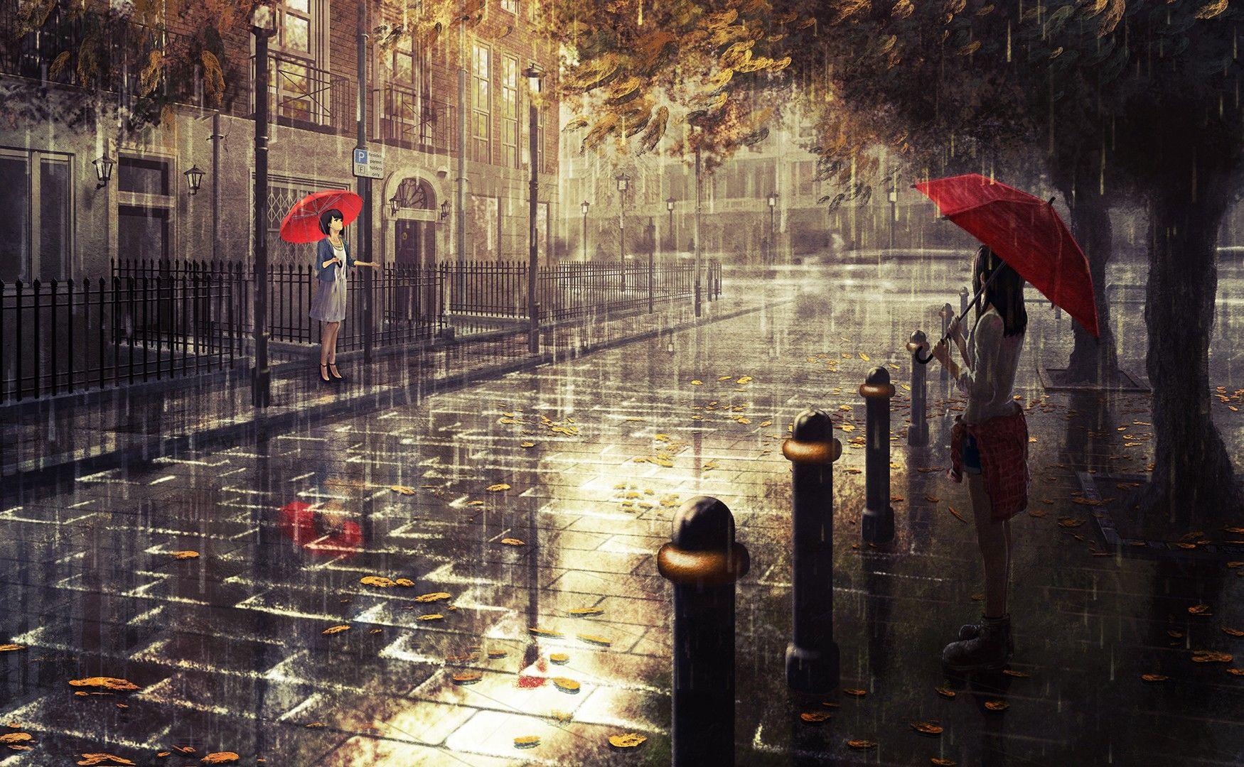 Anime 1750x1080 rain umbrella London fall artwork original