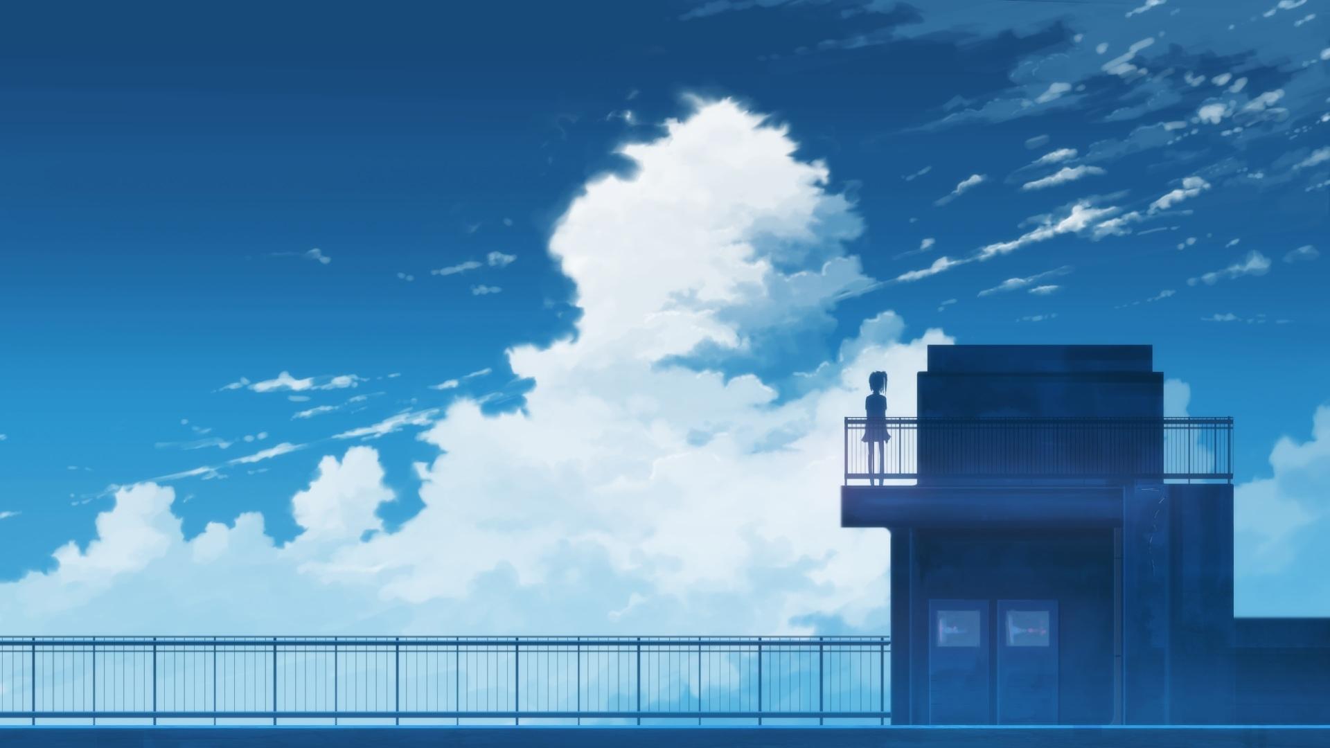 Download 1920x1080 Anime Girl, Rooftop, Clouds, Scenic, Sky