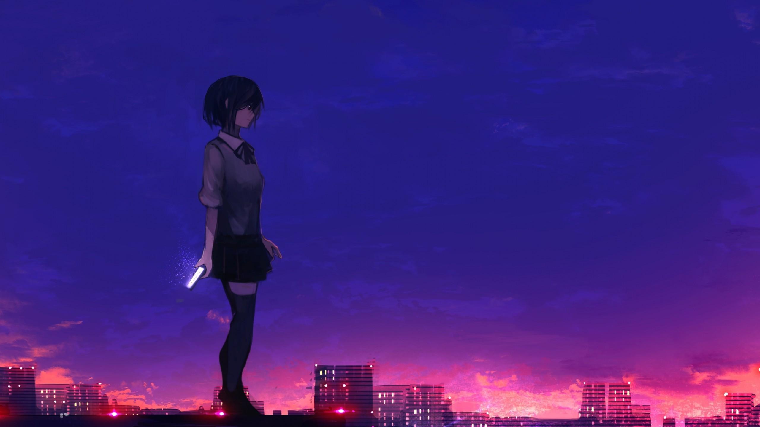 Download 2560x1440 Anime Girl, Rooftop, Buildings, Sunset, School Uniform, Scenic Wallpaper for iMac 27 inch